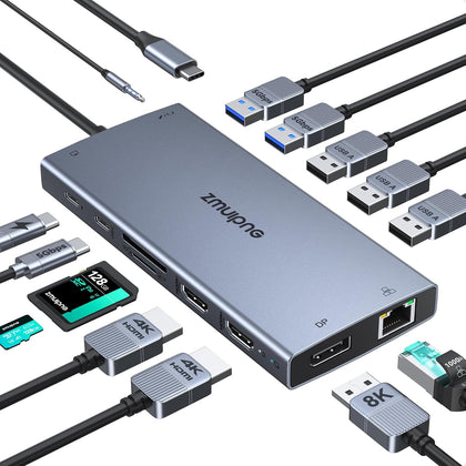 USB C Docking Station Dual Monitor Laptop Docking Station with 2 HDMI DP 8K | 15 in 1 Docking Station 3 Monitors with
