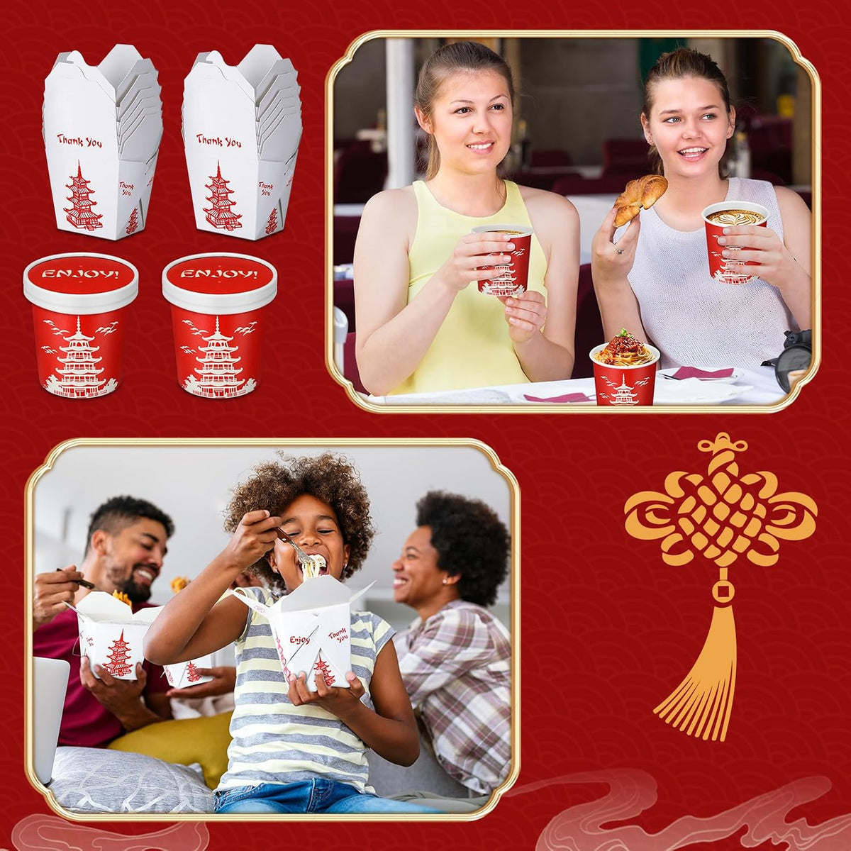 24 Set 32 oz Chinese Take out Box, Bamboo Chopstick 12 oz Soup Containers with Lids, Takeout Food Containers Boxes