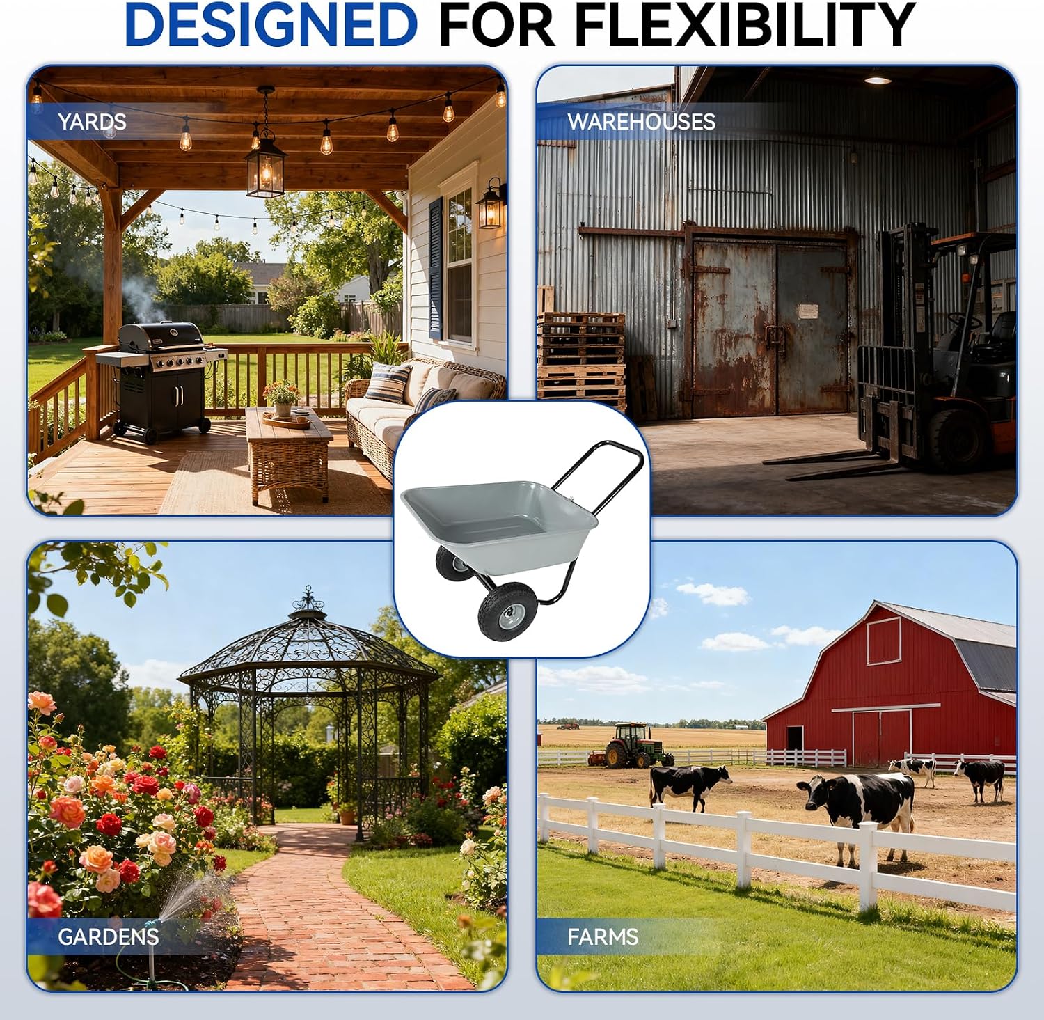 Dual Wheel Garden Wheelbarrow,Heavy Duty Yard Cart with 10“/15" Pneumatic Tires, Rustproof Poly Tray & Steel Handle