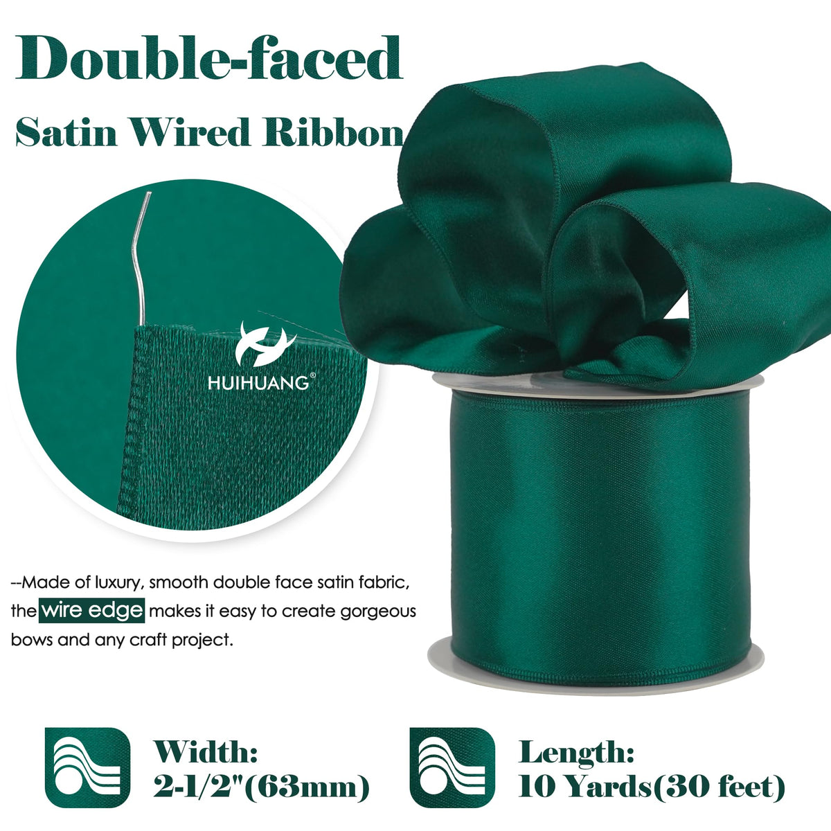 Hunter Green Satin Wired Ribbon 2.5 inch Continous 10 Yards