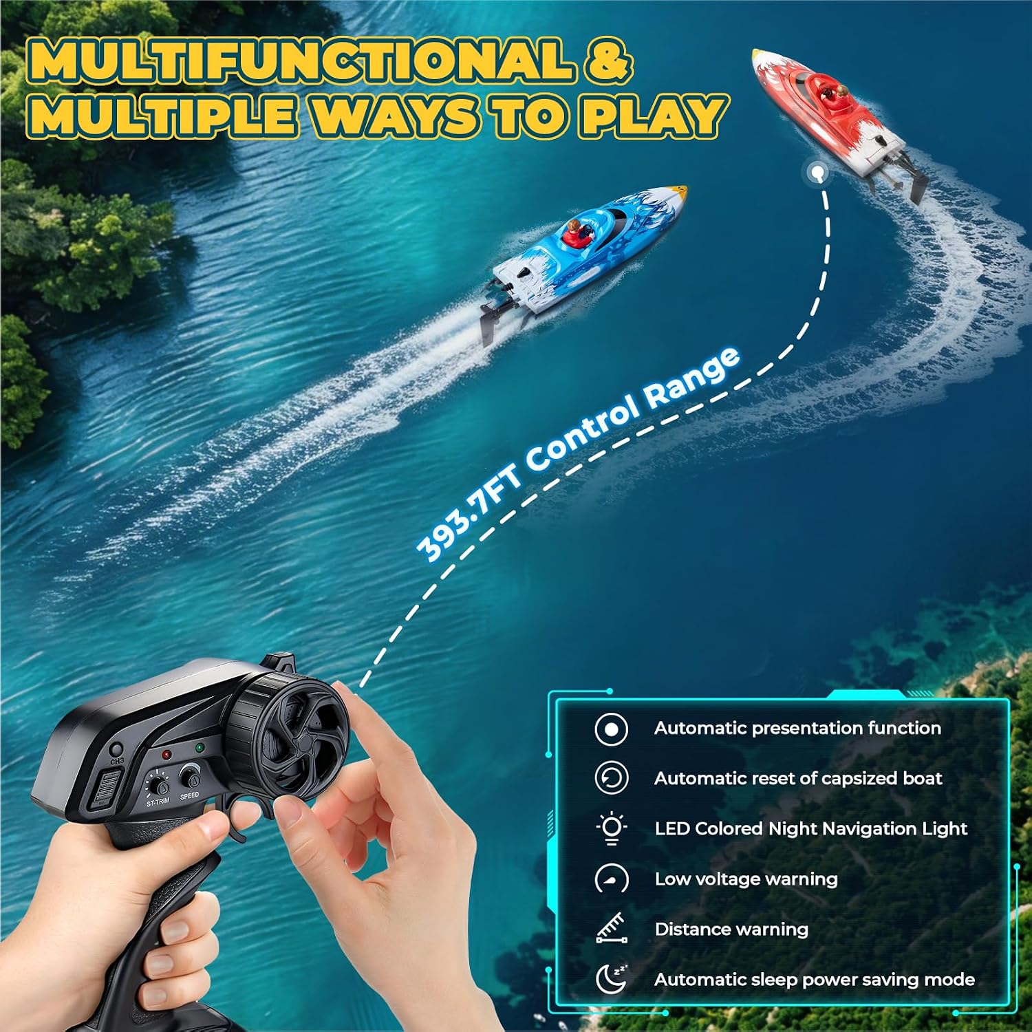 RC Boat, Remote Control Boat for Kids, 25 KPH Fast RC Speed Boat with LED Lights for Pools & Lake, 2.4GHz Racing