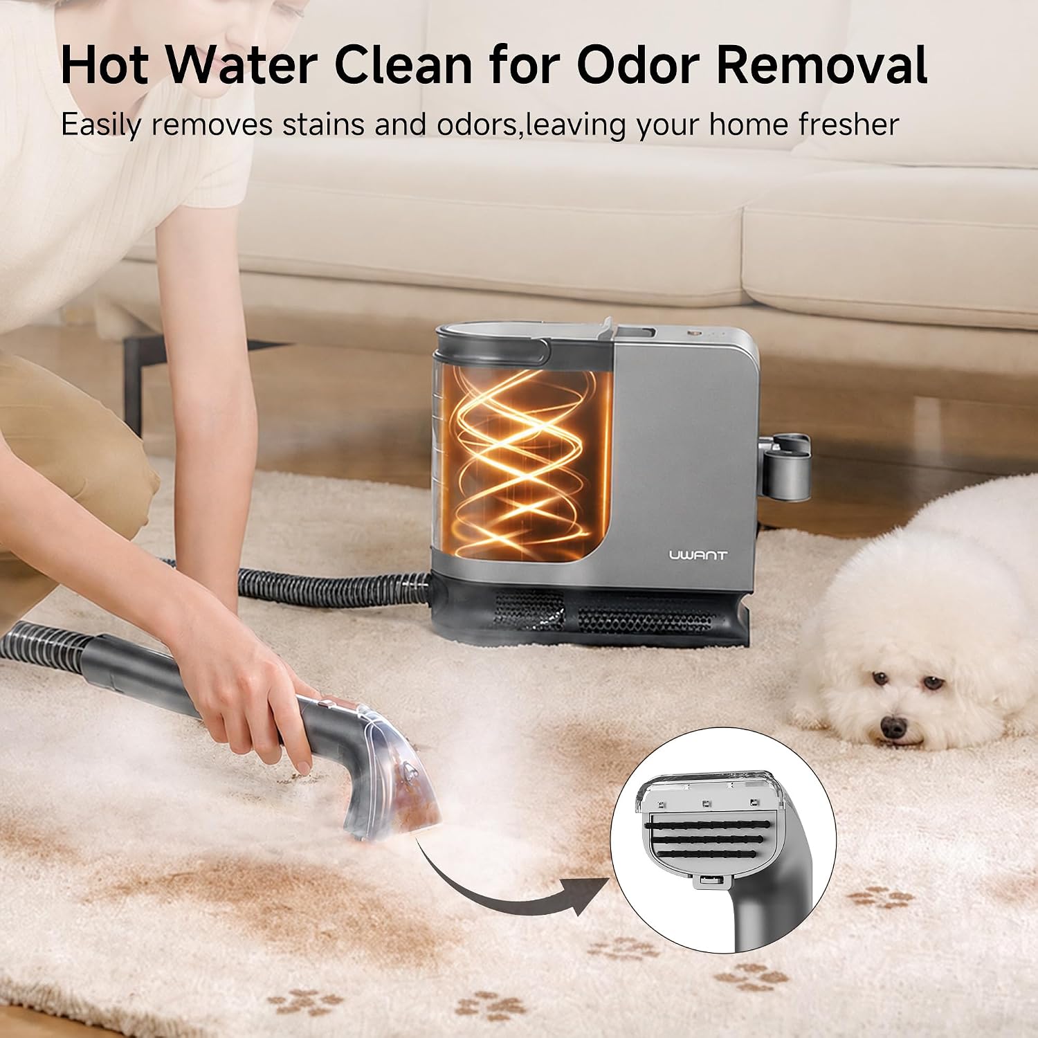 Portable Carpet Cleaner with Steam& Hot Water 18Kpa Upholstery Cleaner Machine for Pets with Cleaning Tools& Solution