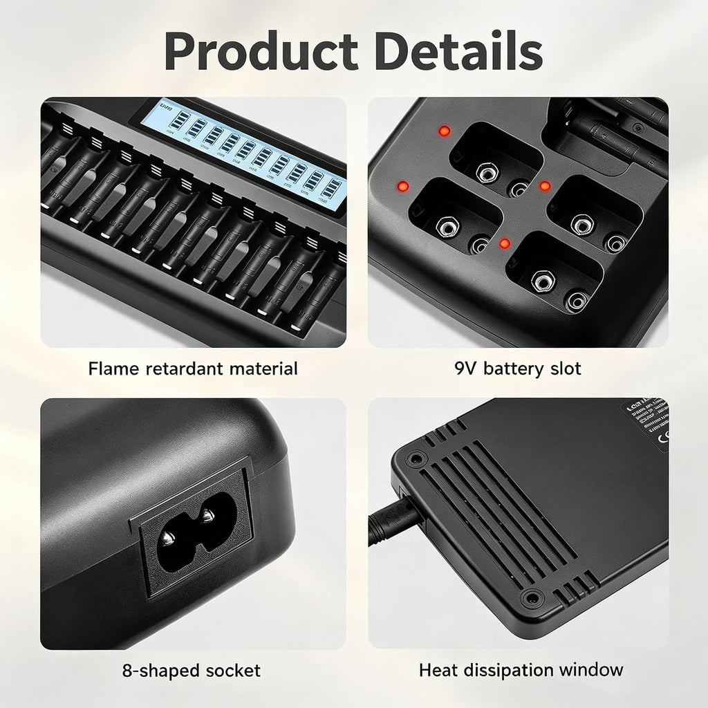 10+4 Bay AA AAA 9V Battery Charger, Smart LCD Display with Discharge Function, 10 Bay for AA/AAA Rechargeable