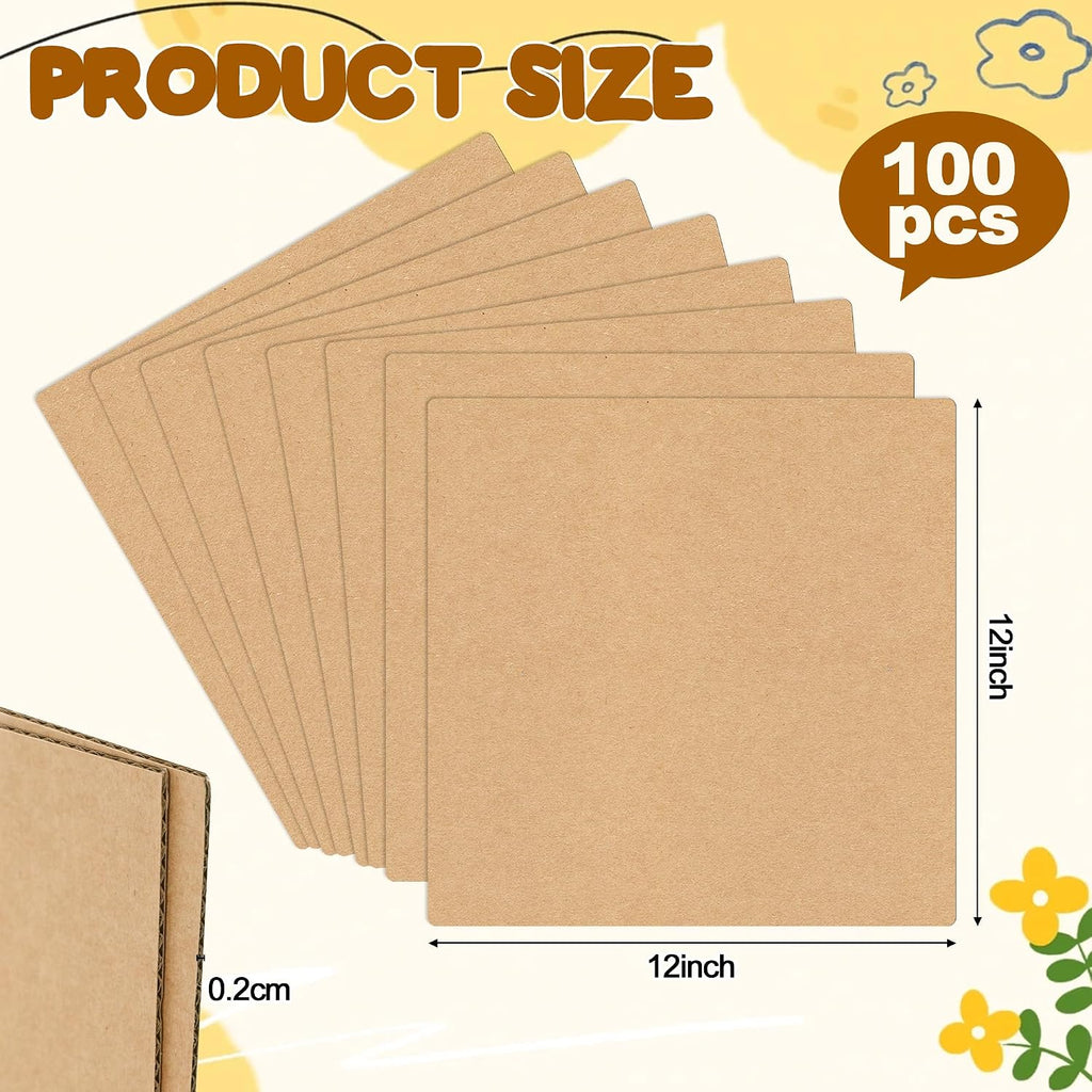100 Pack12x12 Inch Corrugated Cardboard Sheets, 2mm Thick Flat Cardboard