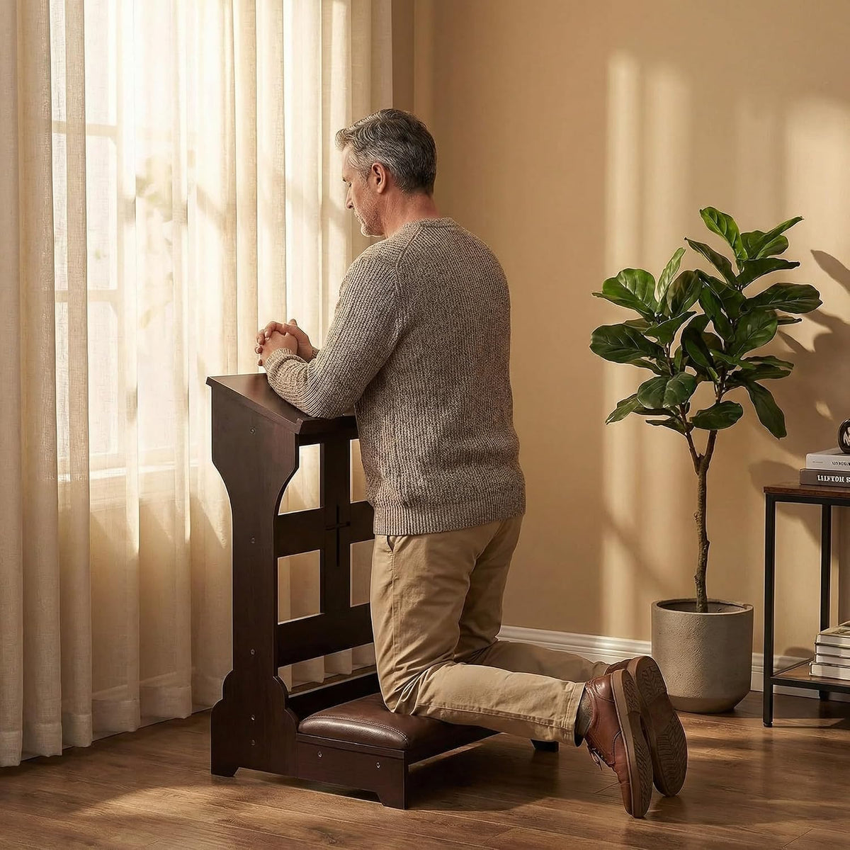 Prayer Kneeler Wooden Bench Stool with Padded Cushion and Storage Shelf - Heavy Duty Solid Wood Prayer Kneeler for