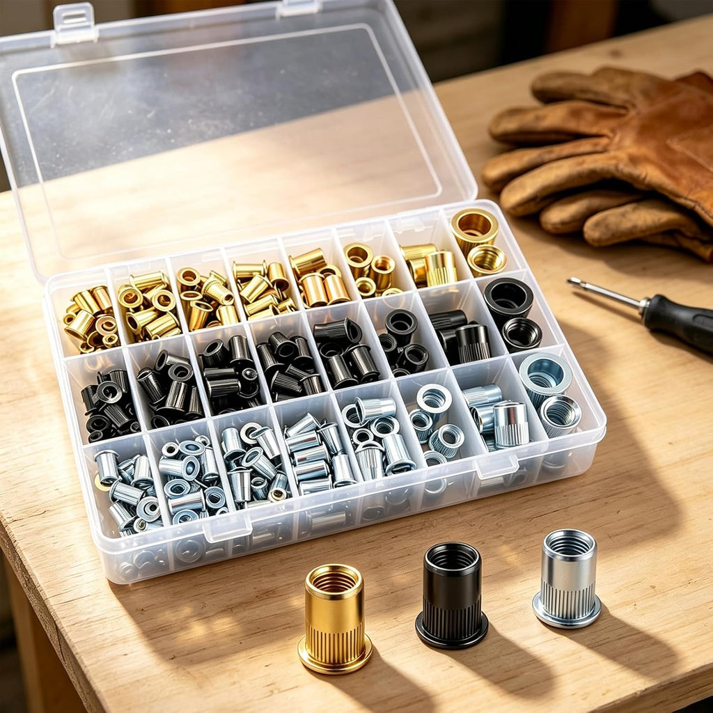 Wensilon Rivet nut Assortment kit Metric (336PCS) Black zinc Yellow Galvanized Finish Flat Head Rivet nut kit Thread Insertion nut Roller Body (M3 M4 M5 M6 M8 M10 M12)