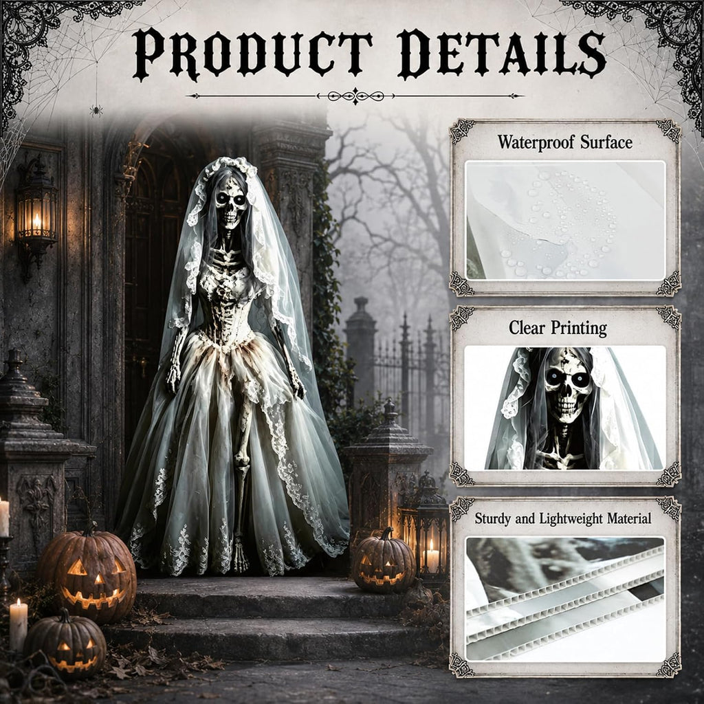 5.4ft Halloween Ghost Bride Cardboard Cutout Scary Skeleton Woman Standee Props Haunted House Party Decorations