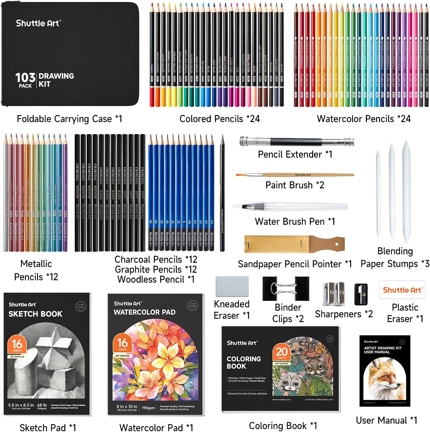 103 PCS Drawing Kit, Professional Drawing Supplies with Sketch, Charcoal, Colored, Graphite, Pastel Pencils & Sticks