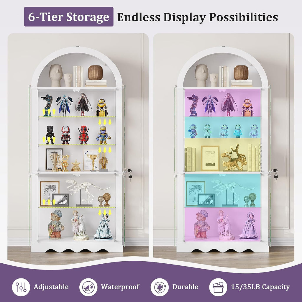6-Tier Arched Glass Display Cabinet with RGB Lights & Lock | Curio Display Case, Glass Doors, Adjustable Large