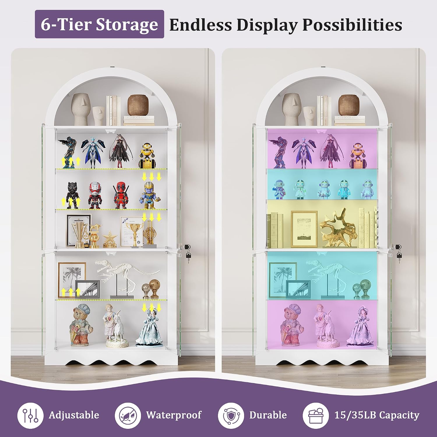 6-Tier Arched Glass Display Cabinet with RGB Lights & Lock | Curio Display Case, Glass Doors, Adjustable Large