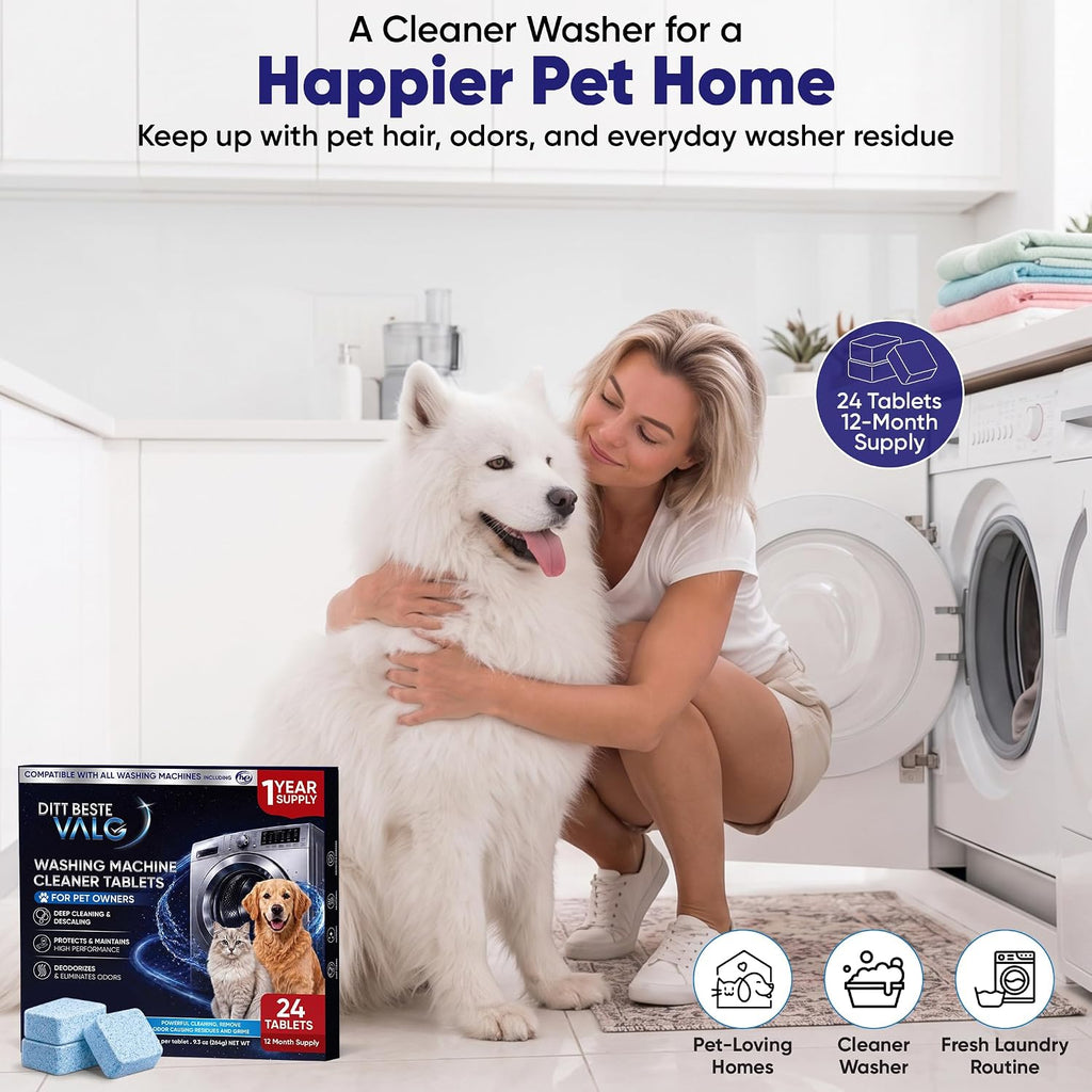 Washing Machine Cleaner Tablets for Pet Owners Enzymatic Deep Clean Helps Remove Cat & Dog Hair Urine Odor Causing
