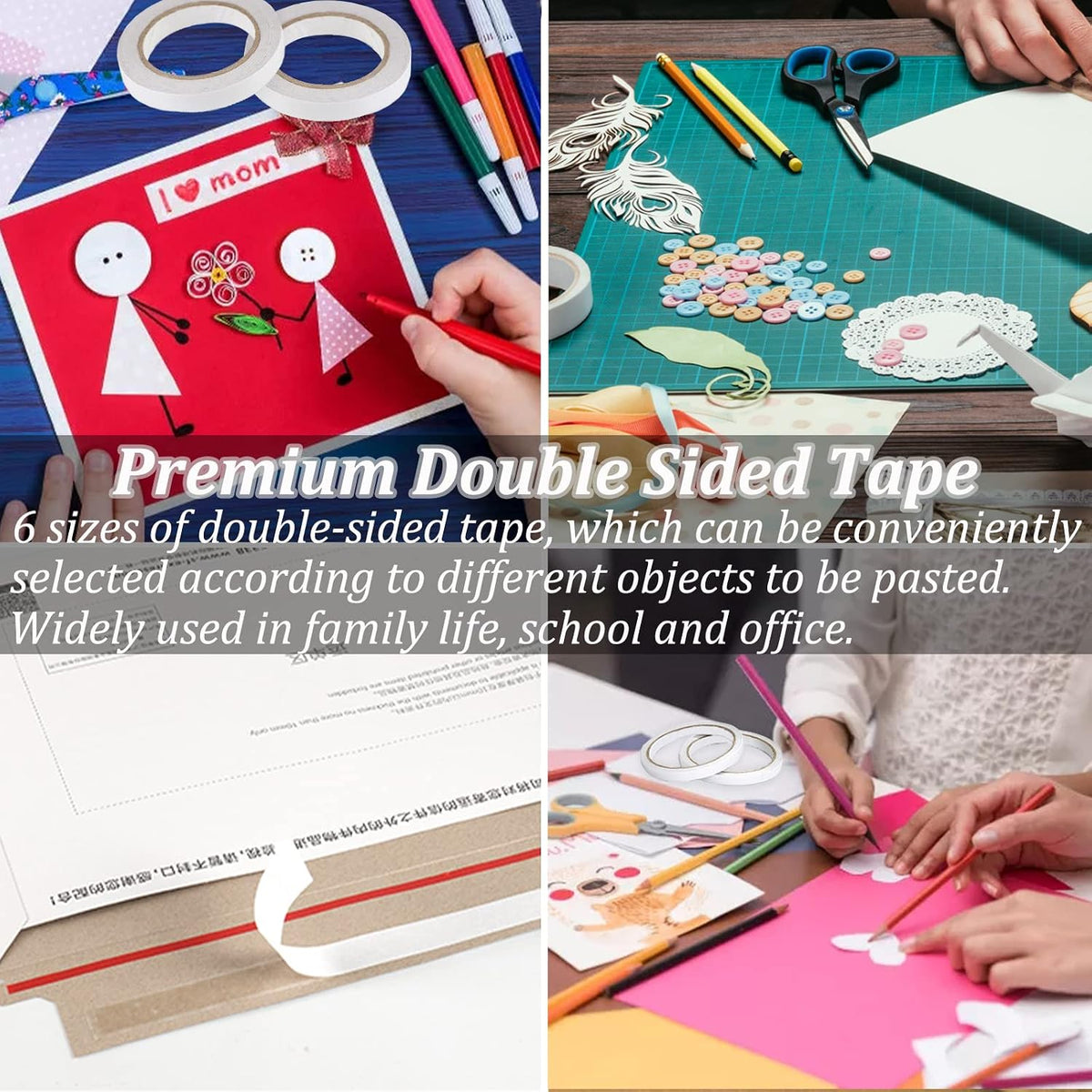 Double Sided Tape for Crafts, 6 Rolls Multi-Size Double-Sided Adhesive Tape for Arts, Photography, Gift Box