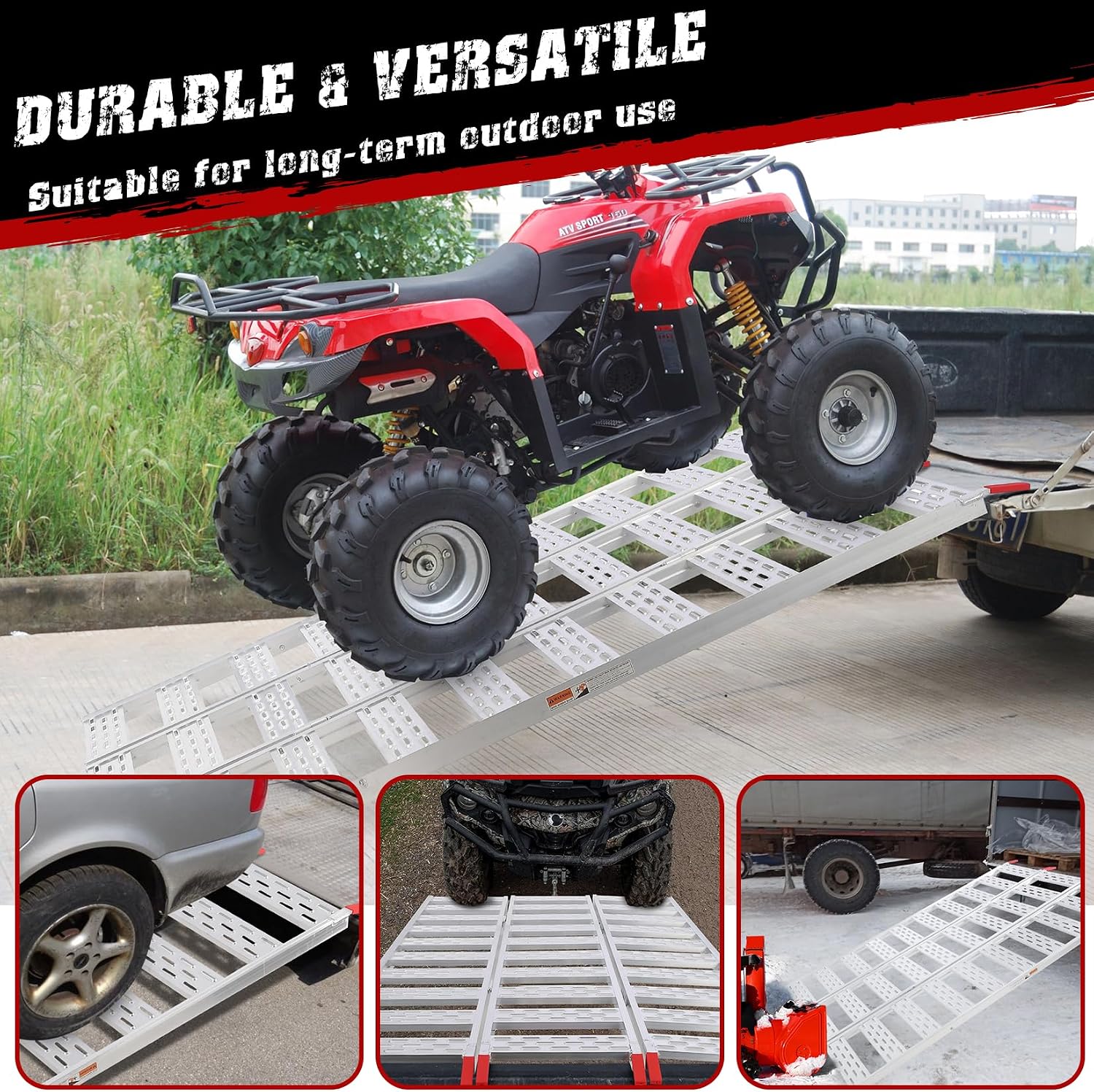 Tri Fold Aluminum Loading Ramp for Pickup Trucks, 75x50 in, 1500 LB Capacity, Portable Heavy Duty Lawn Mower Ramp