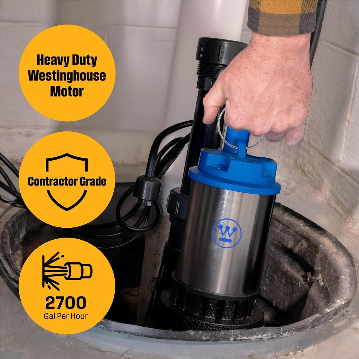 Battery Backup Sump Pump – 12V Submersible Basement Sump Pump with Automatic Backup Protection, 2,700 GPH, Heavy Duty