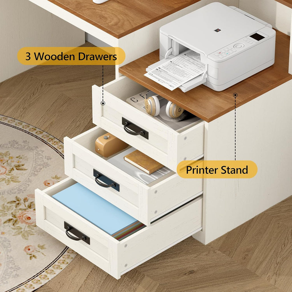 Farmhouse Computer Desk with Drawers, 65'' Home Office Desk with Power Outlets, Storage Cabinet and Printer Stand