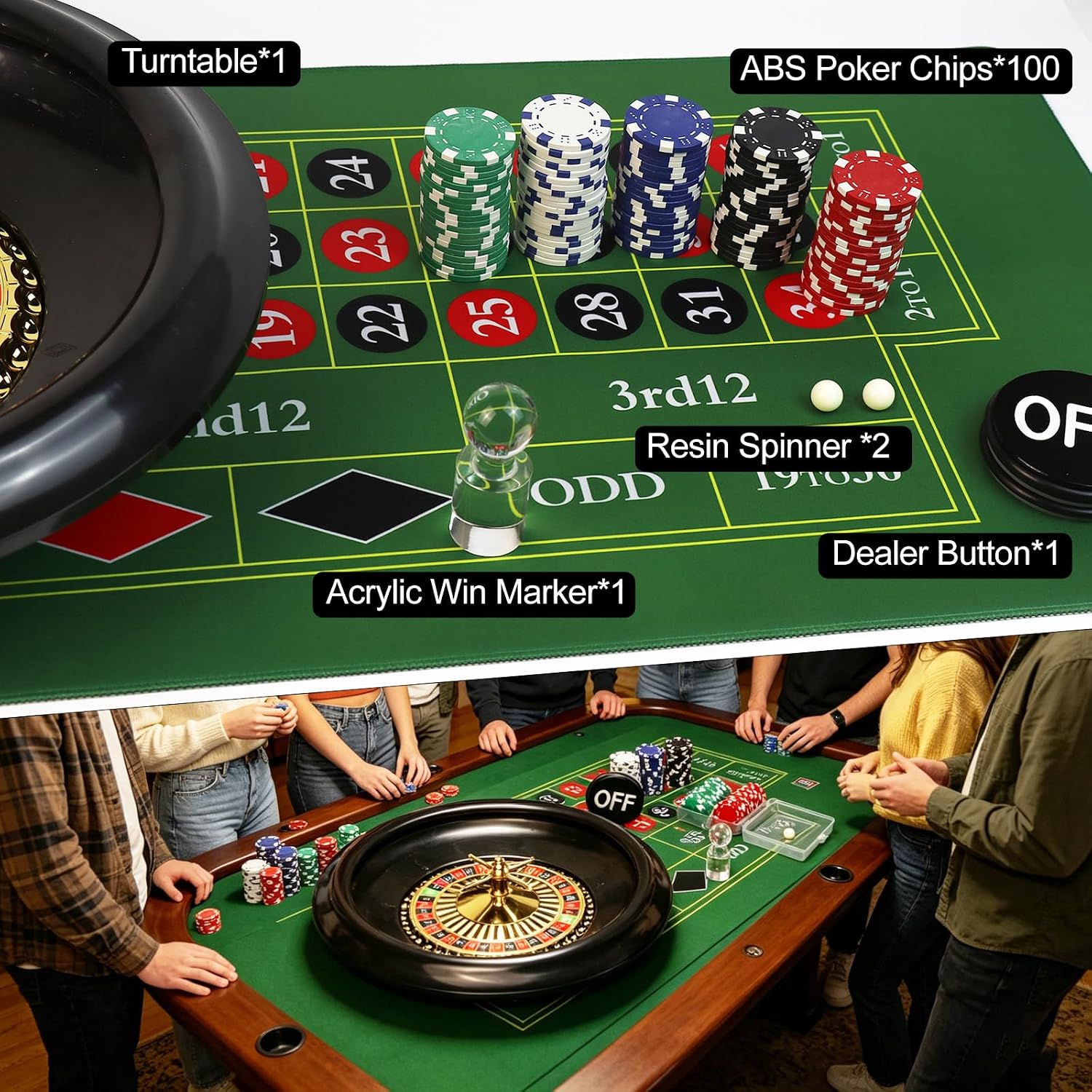 Casino Night Complete Game Set Include 16'' Green Roulette Wheel 35" X 16" Rubber Tabletop Layout Mat, 100 Chips
