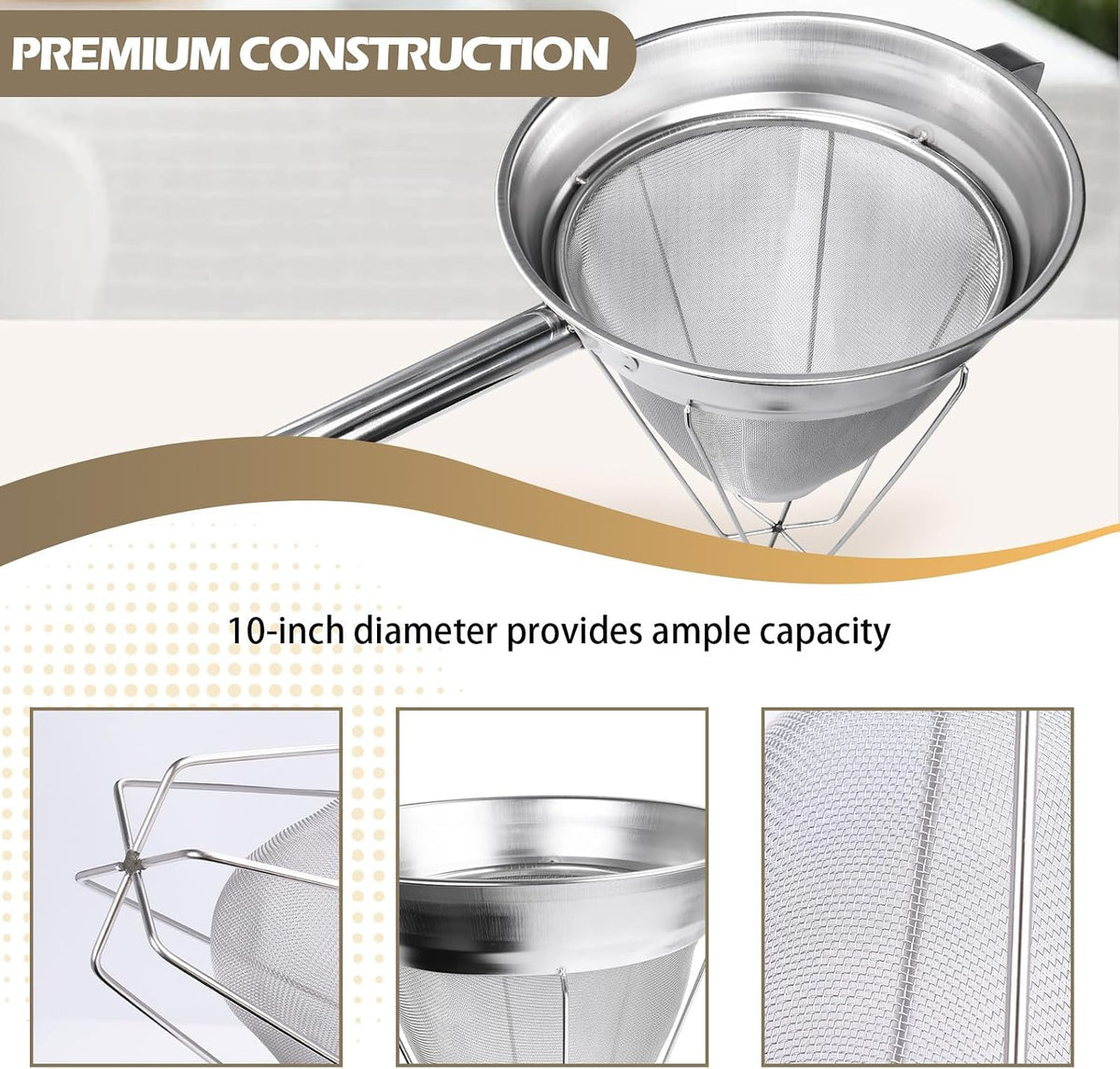 10" Chinois Strainer,18/8 Stainless Steel Conical Fine Mesh Bouillon Sieve