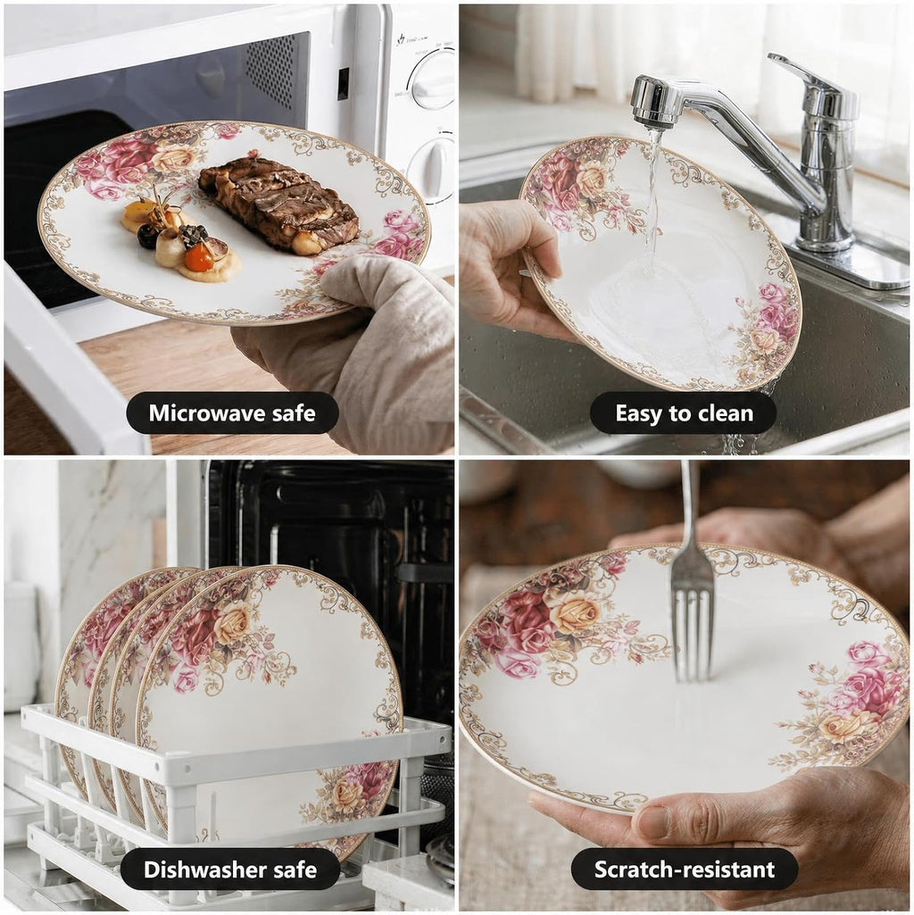 Bone China Dinnerware Set for 4, 12 Pcs Floral Plates and Bowls, Rose Bloom