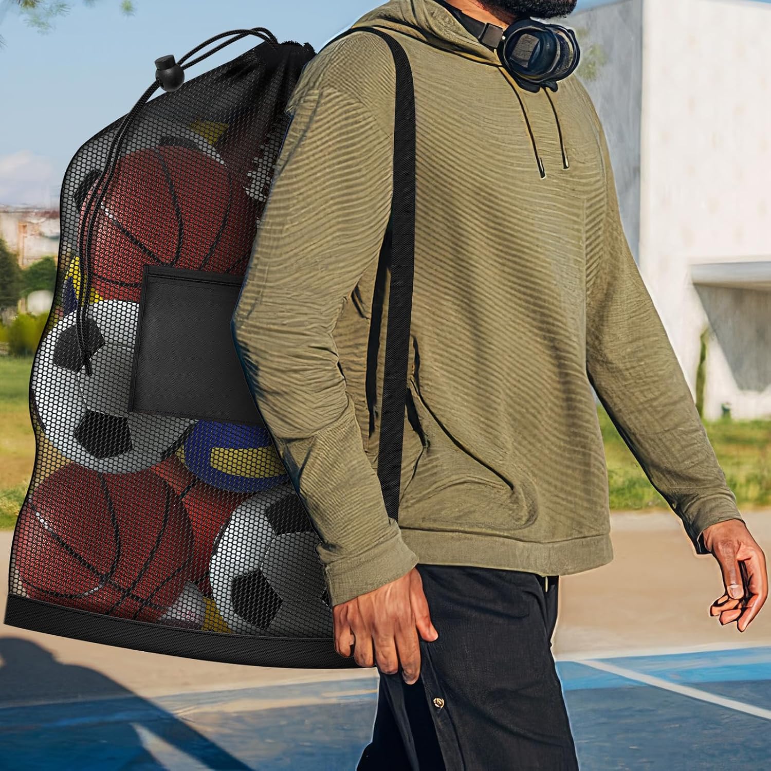 Extra Large Mesh Ball Bag, Heavy Duty 40"x30" Hold 10-12 Soccer Basketball | Drawstring & Adjustable Shoulder Strap