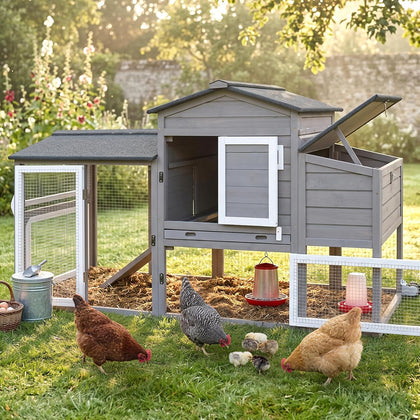 67.4" Mobile Chicken Coop with Wheels & Run for 2-3 Chickens