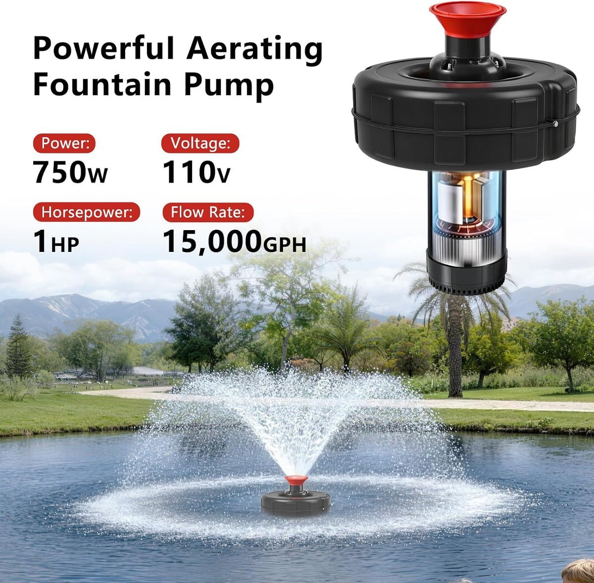 Pond Fountain Aerator, 1HP 110V 15000GPH Floating Fountain Pump for Ponds