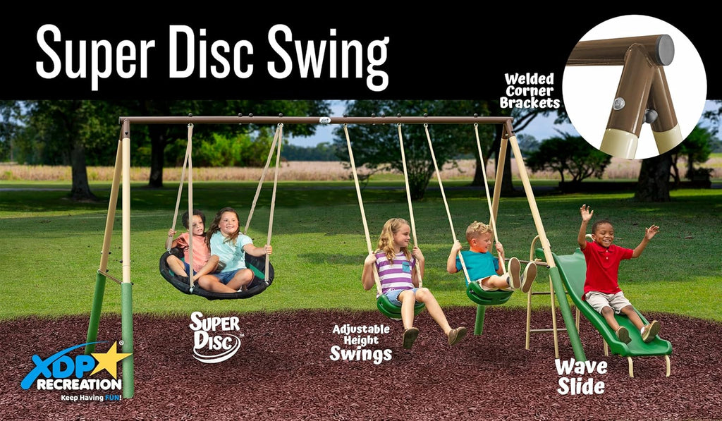 SuperDisc Swing Set with SuperDisc Swing. 5 User Capacity, Easy Assembly, Metal Frame Backyard Playground Set for