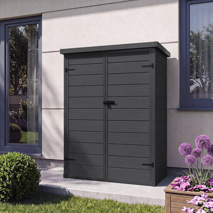 55 Cuft Outdoor Tall Storage Shed, 5×3×7ft Vertical Shed with Floor & Lockable Doors, Large Space Plastic Storage