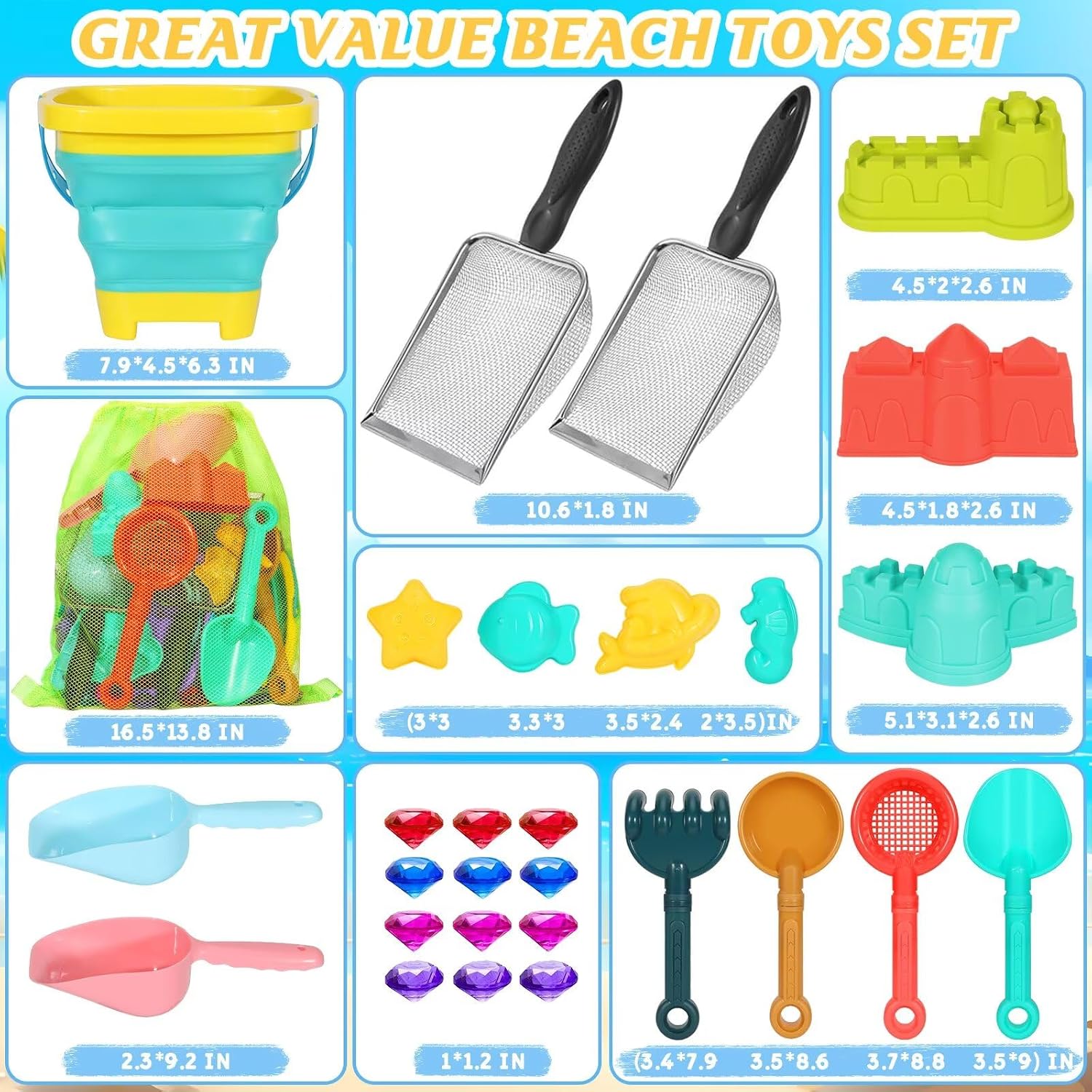 Beach Sand Toys Set,Travel Sand Toys Beach Essentials for Kids Age 3-10 | Sand Castle Building Kit with 2 Collapsible