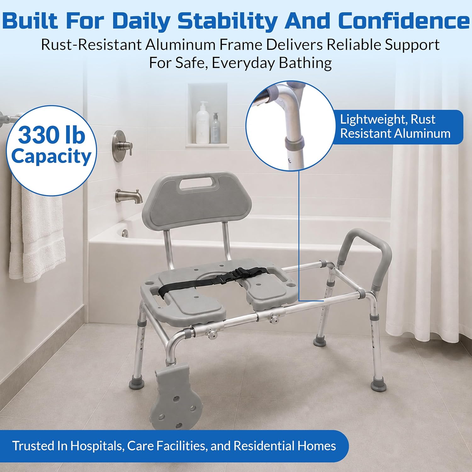 Sliding Shower Chair HydroGlyde Premium Heavy Duty, Padded Bathtub Transfer Bench with Cut Out Seat, for Bath Tub