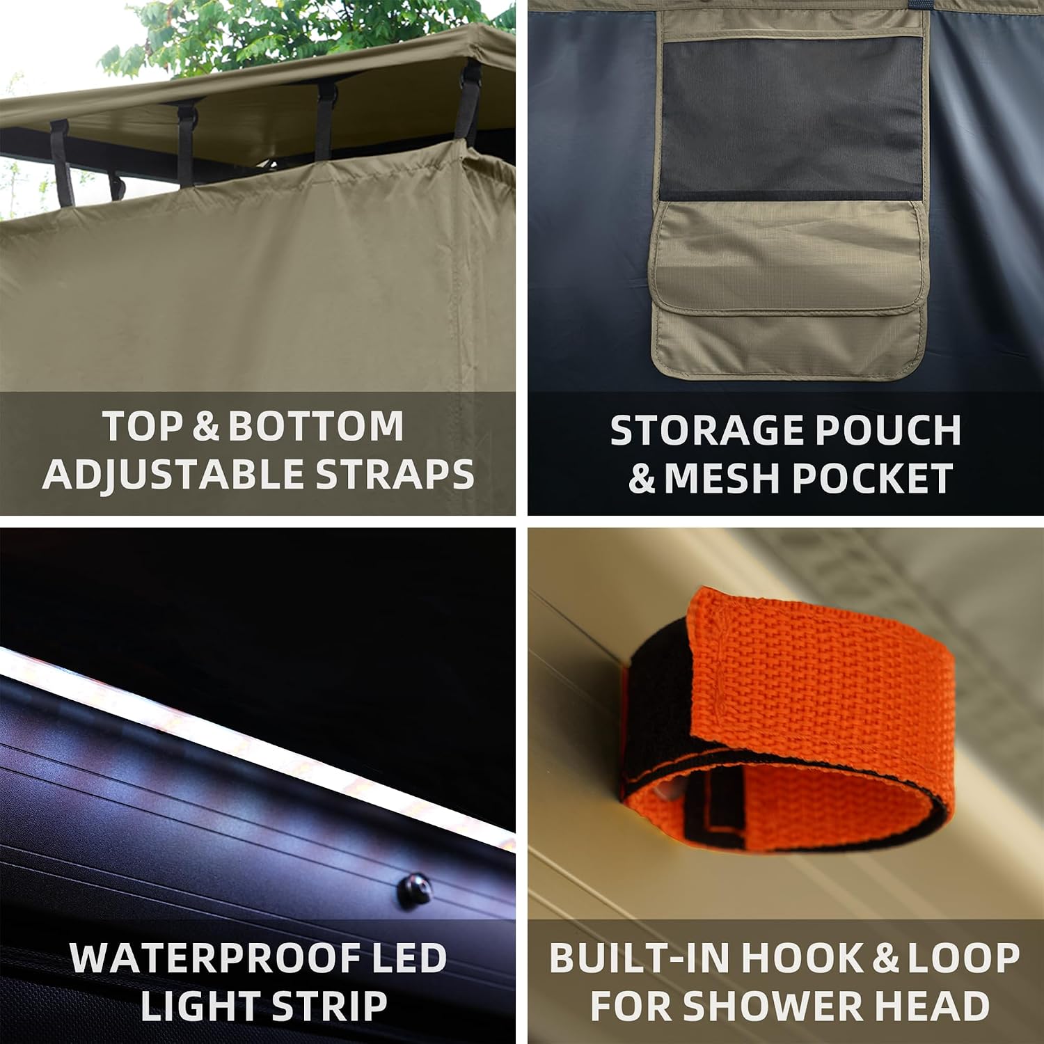 Awning Shower Room w/Foldable Floor Mat, 3.3ft x 3.3ft, Privacy Shelter Restroom w/Roof, LED Light, Drain Pipe