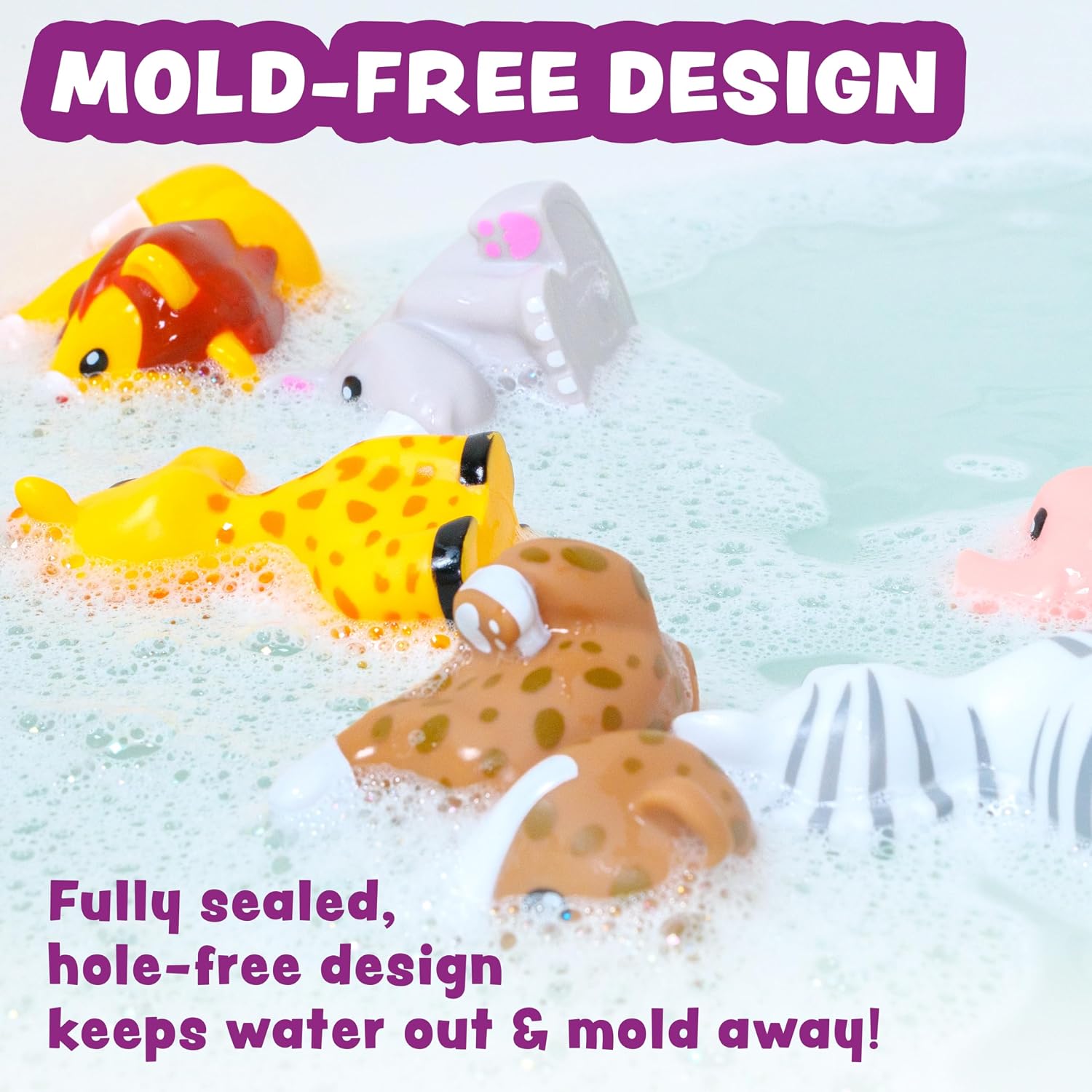 Savanna Mold Free Bath Toys, 6 Pack | Sealed, No Hole Bath Toys Design Keeps Moisture Out | Soft, Squeezable & Float