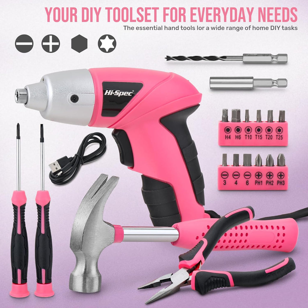 Cordless Electric Screwdriver, Power Screw Driver Set with Pink Compact Tool Kit for Small Repair and Maintenance