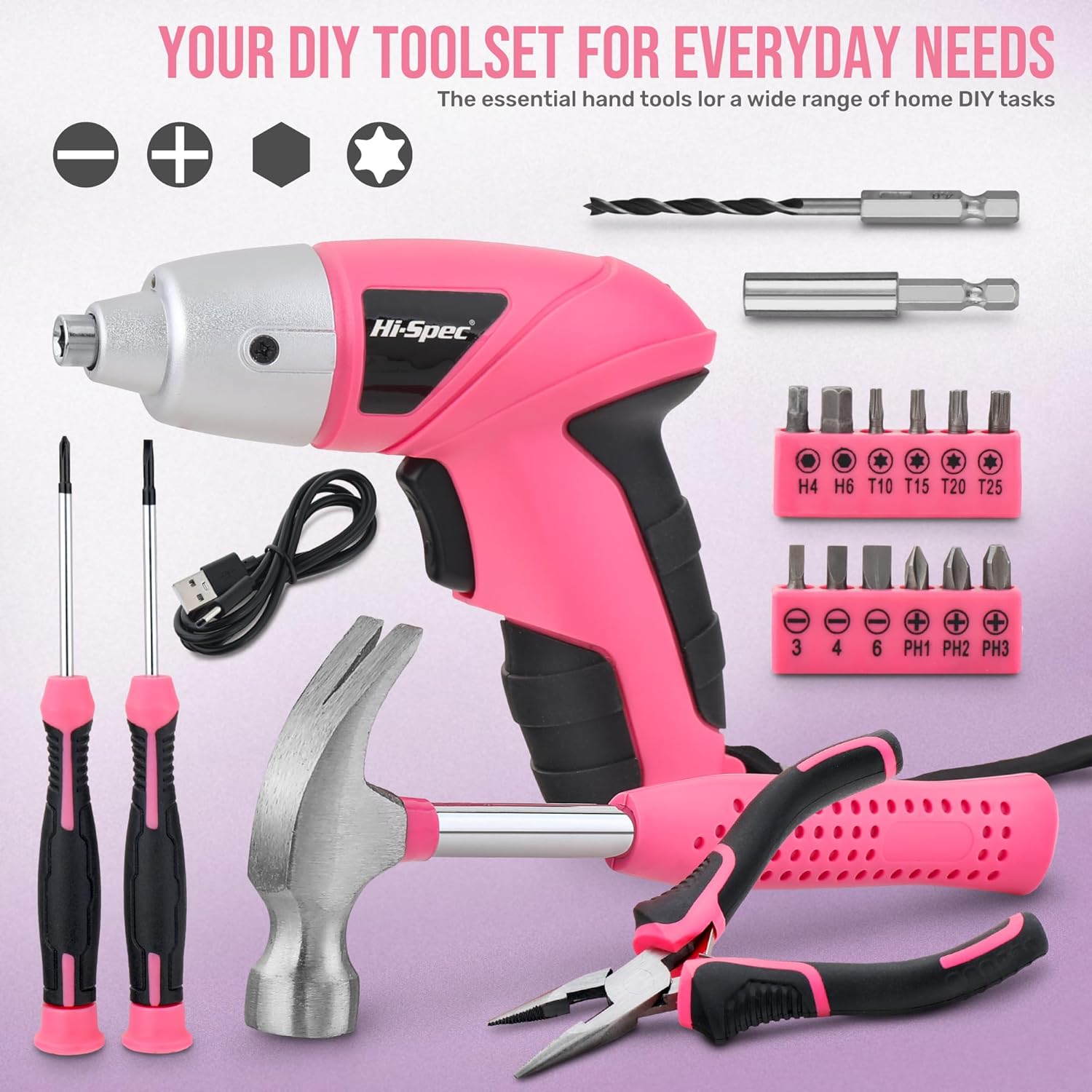 Cordless Electric Screwdriver, Power Screw Driver Set with Pink Compact Tool Kit for Small Repair and Maintenance