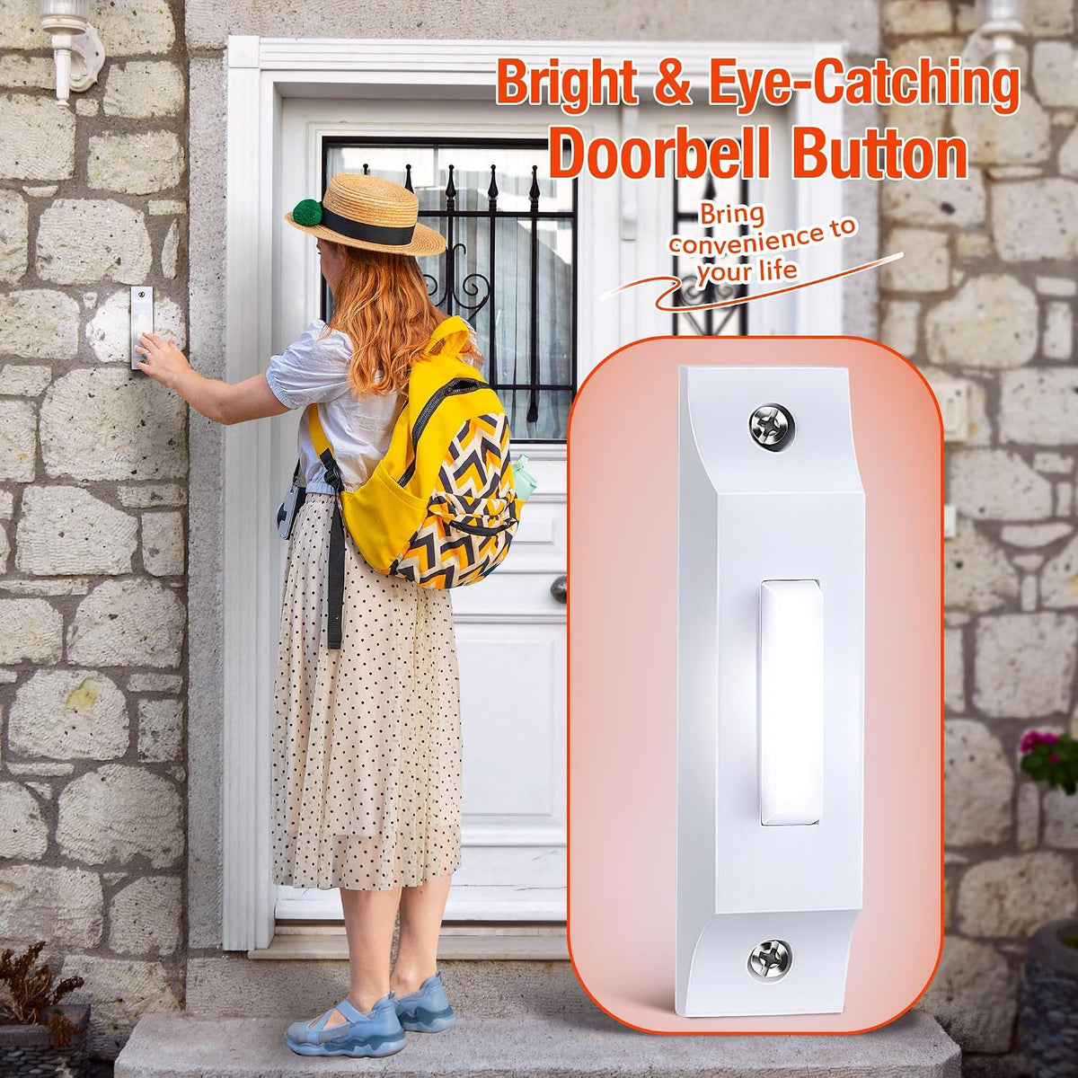 Lighted Wired Doorbell Button, Metal Wall Mount Push Button, White | Heavy-duty metal wired doorbell button with LED