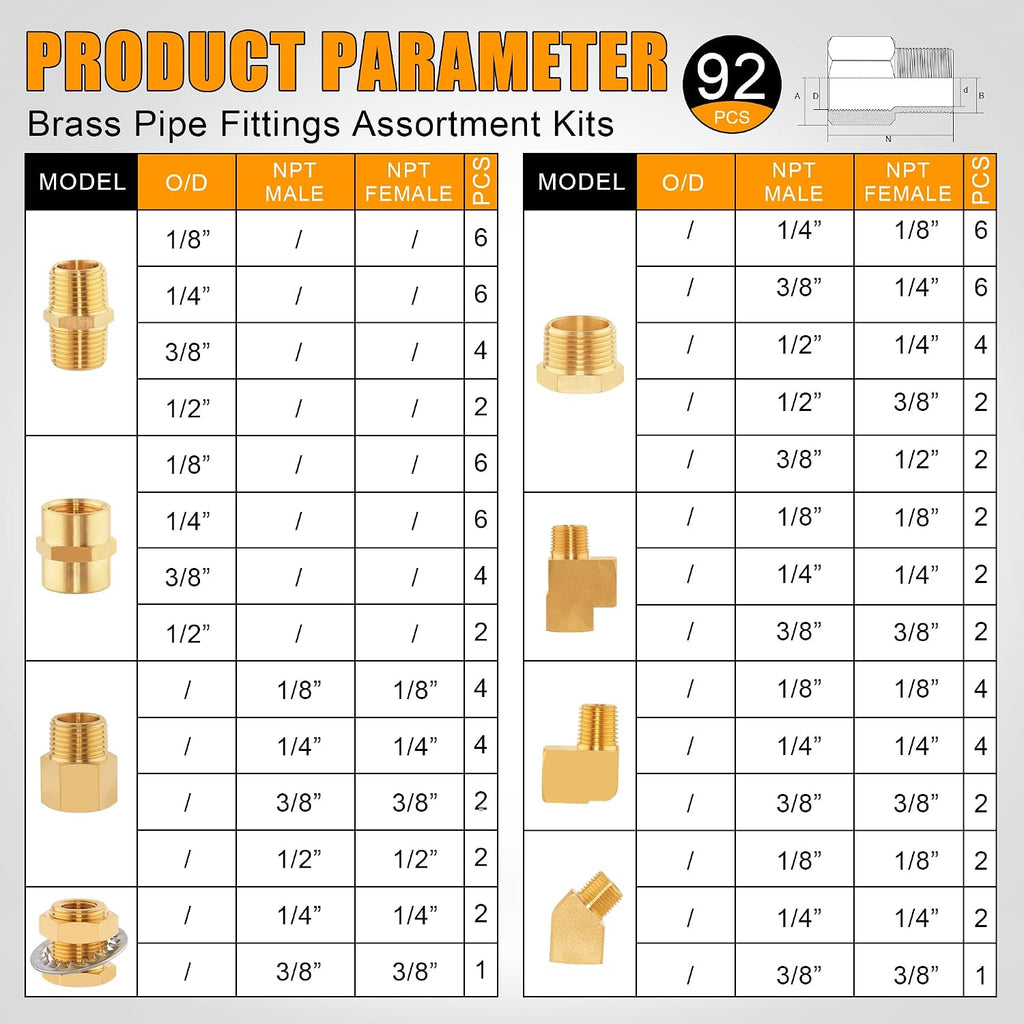 92PCS Brass Pipe Fittings Assortment Kit,1/8" 1/4" 3/8" 1/2" NPT
