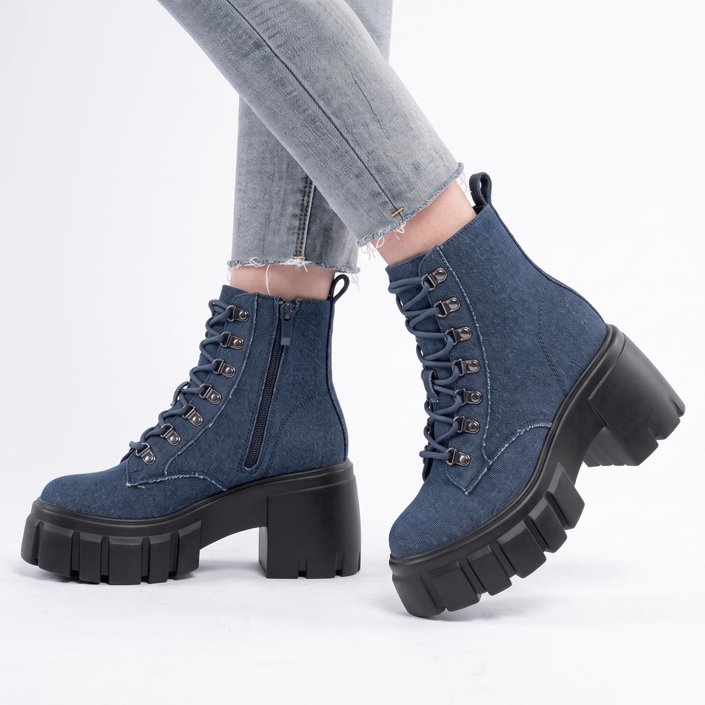 Womens Combat Boots Ankle Booties Lace up High Heel, Denim Size 7.5