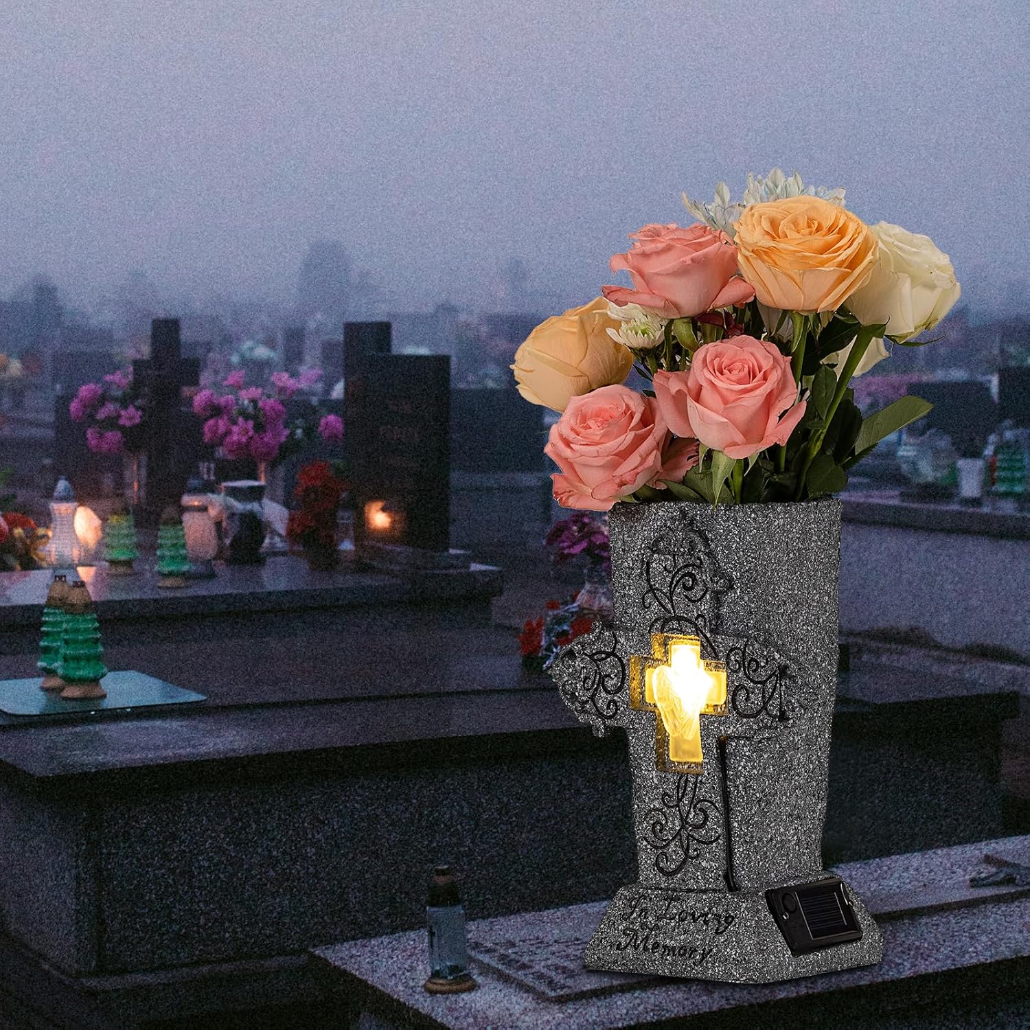 Solar Cemetery Vase with LED for Fresh/Artificial Flowers Grave Flower Cross Vase Headstones Vases with Spikes