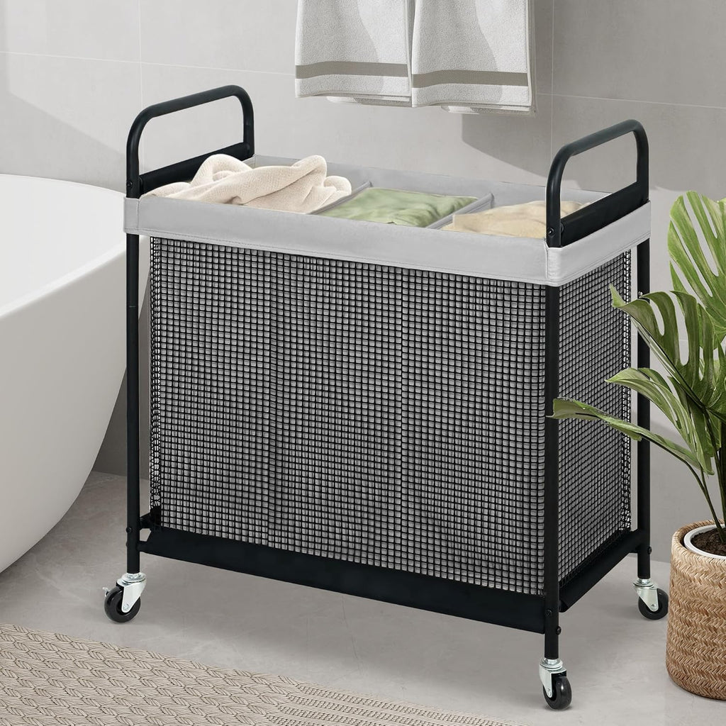 Laundry Hamper 3 Section, 120L Rolling Laundry Sorter Cart with Removable and Washable Liner Bag, Clothes Hamper with