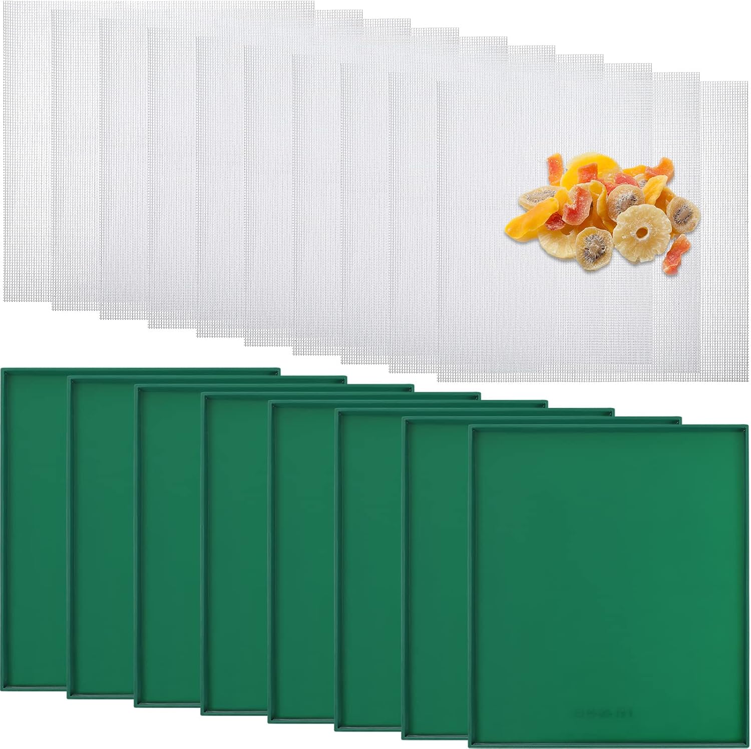 8 Pcs Silicone Dehydrator Sheets Trays with Edge and 10 Pcs Mesh Dehydrator Mats Non Stick Reusable Fruit Leather