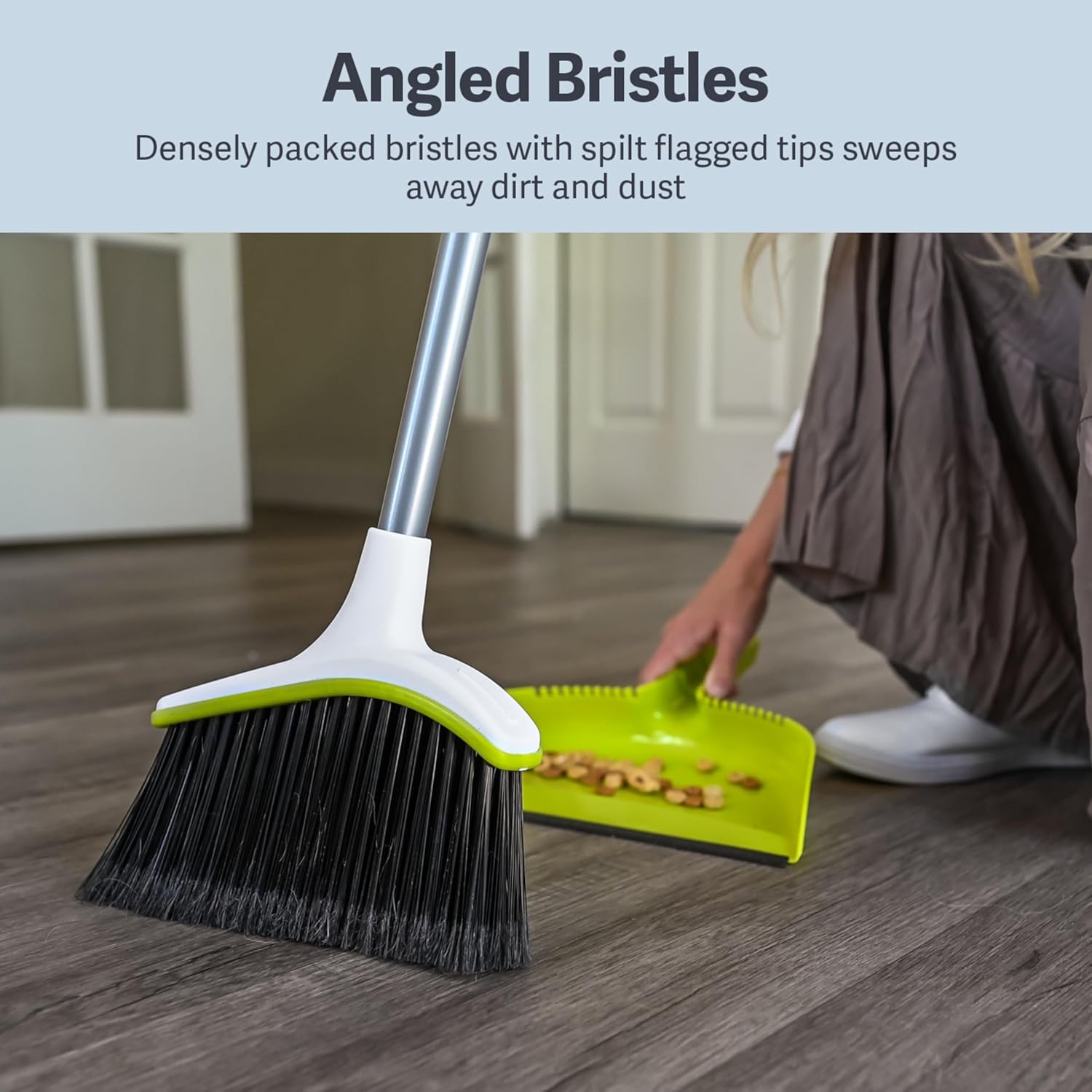 Basics 2-Piece Angled Broom and Dustpan Set, 44" Angled Broom with Long Handle and Dustpan, Silver/Green