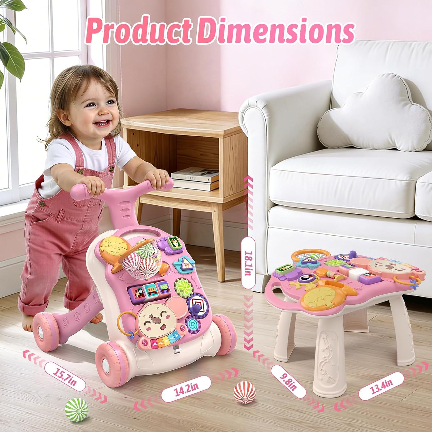 3 in 1 Baby Walker and Activity Center for Girl 12-18 Months, Pink | Baby Push Walker, Sit to Stand Learning to Walk