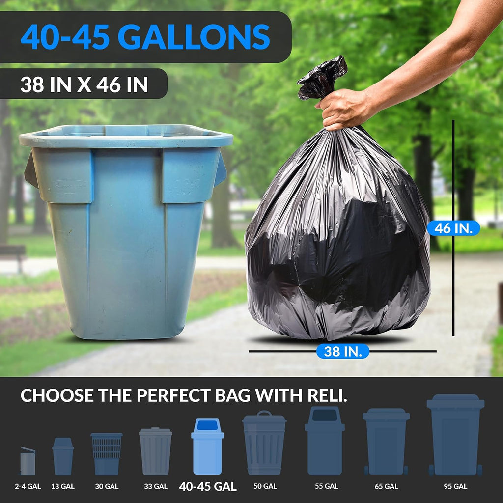 40 to 45 Gallon Trash Bags Heavy Duty | 250 Trash Bags, Twist Ties | Black, Serious Garbage Cleanup | Large Garbage