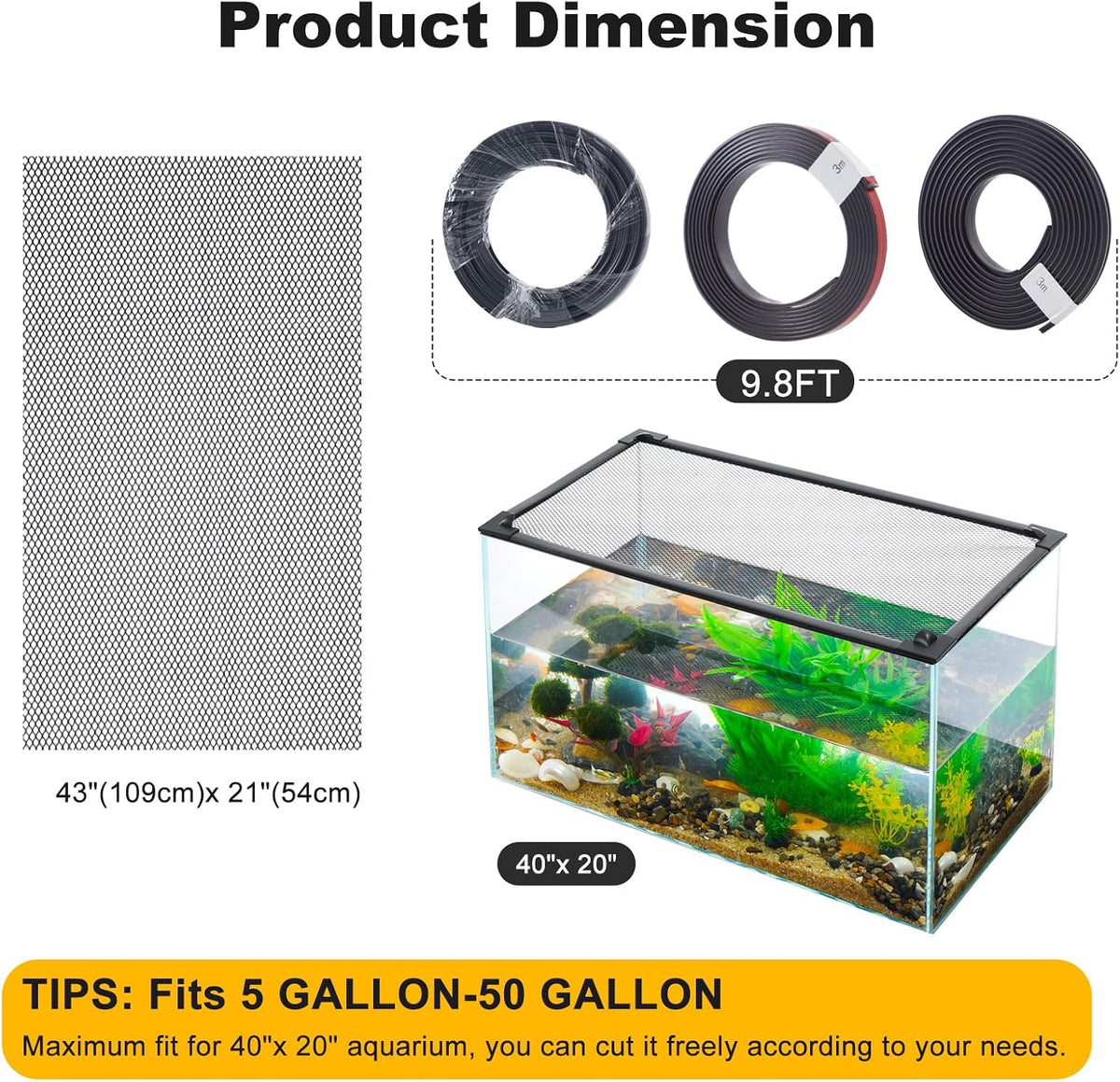 Fish Tank Lid Magnetic Aquarium Lid Tank Hood top Cover Anti-Jumping Net Cover Mesh to Protect Fish Jumping Out of