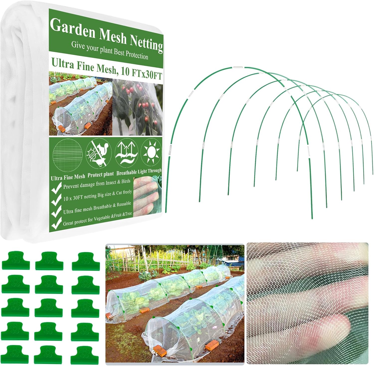 Garden Mesh Netting Kit,10 x 30FT Ultra Fine Netting with 6 Sets Fiberglass Garden Hoops for Raised Beds Vegetable