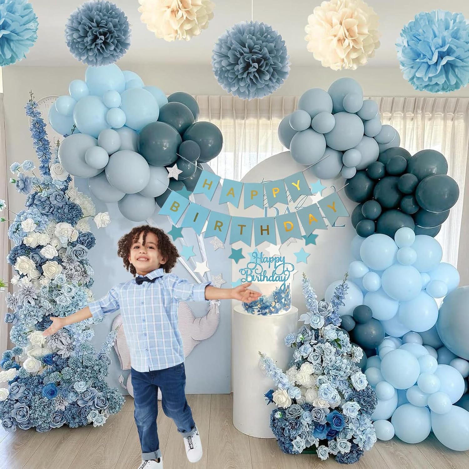 Blue Birthday Decorations - Blue Party Decor Balloons with Happy Birthday Banner Fringe Curtain Background Blue Pom