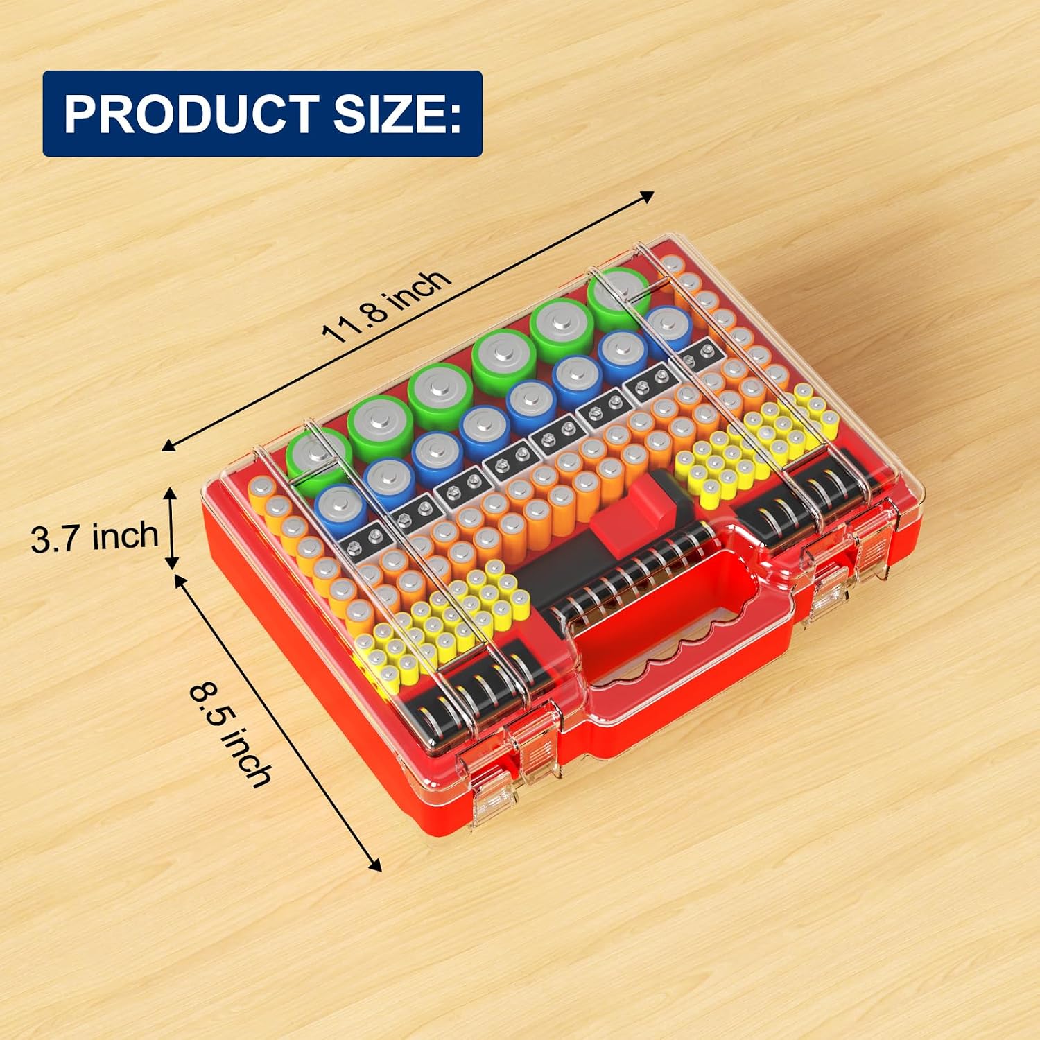 Battery Organizer Box with Tester, Storage Case Holds 260 Batteries, Double Clear Locking Lid for AA AAA C D 9V - Red