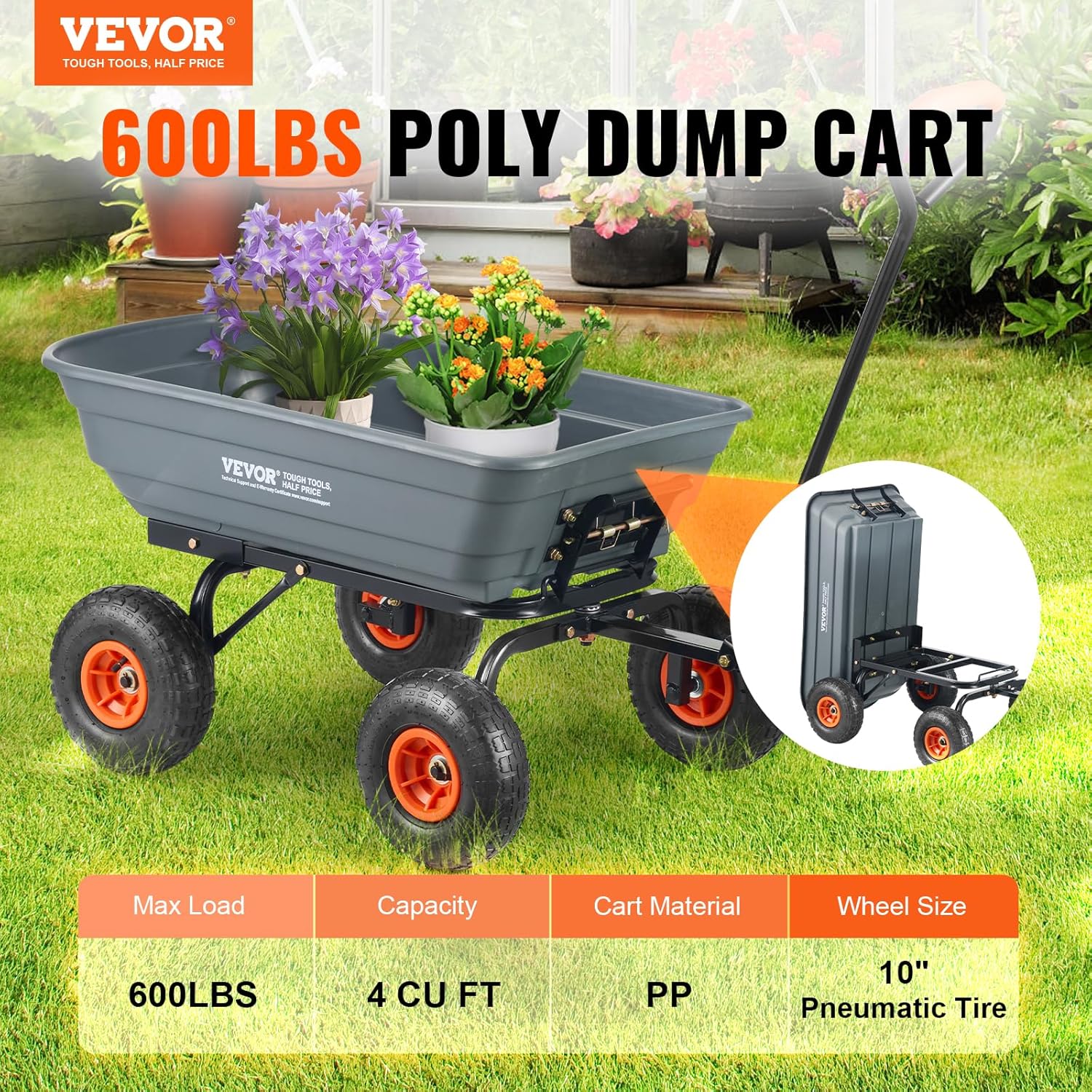 4 Cu.Ft. 600lbs Poly Garden Dump Cart, Heavy Duty 4 Wheel Wheelbarrow Yard Cart Dump Wagon with 10in All Terrain