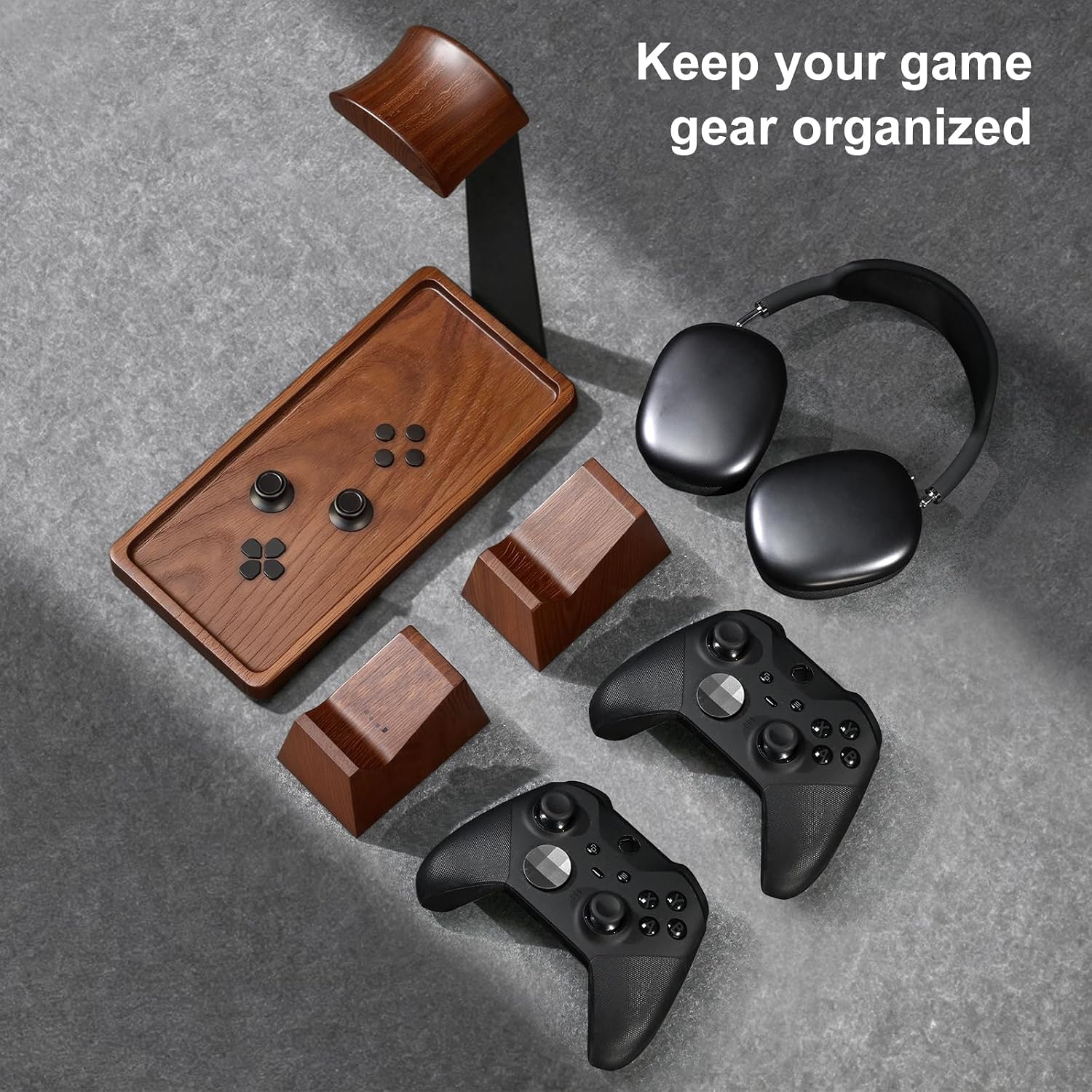 Headphone and Headset Stand with Controller Holders for Gaming Desk | Solid Wood, Holds 2 Controllers, Storage Tray