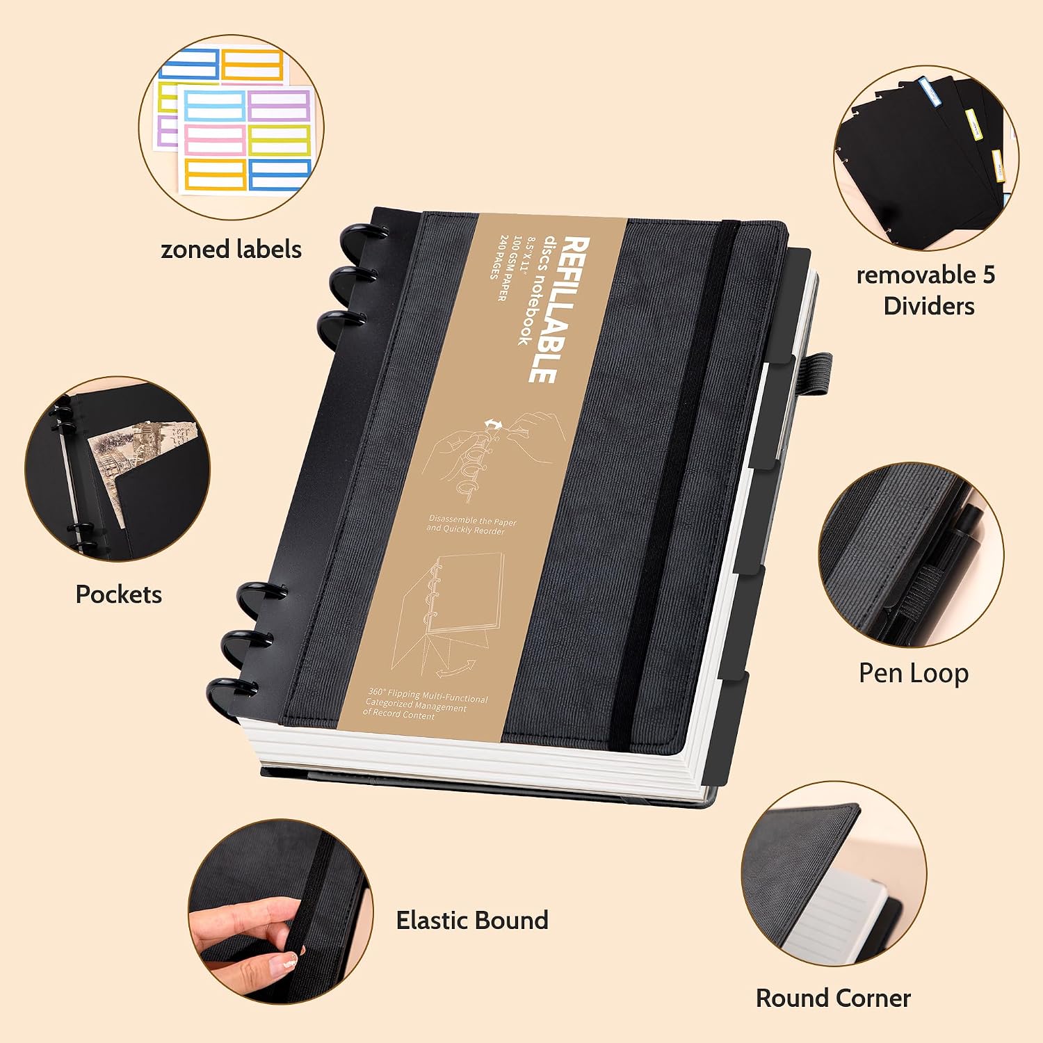 Refillable Notebooks for Work 5 Subject with Removable Dividers Tabs 240 Pages Hardcover Leather Journals for Writing