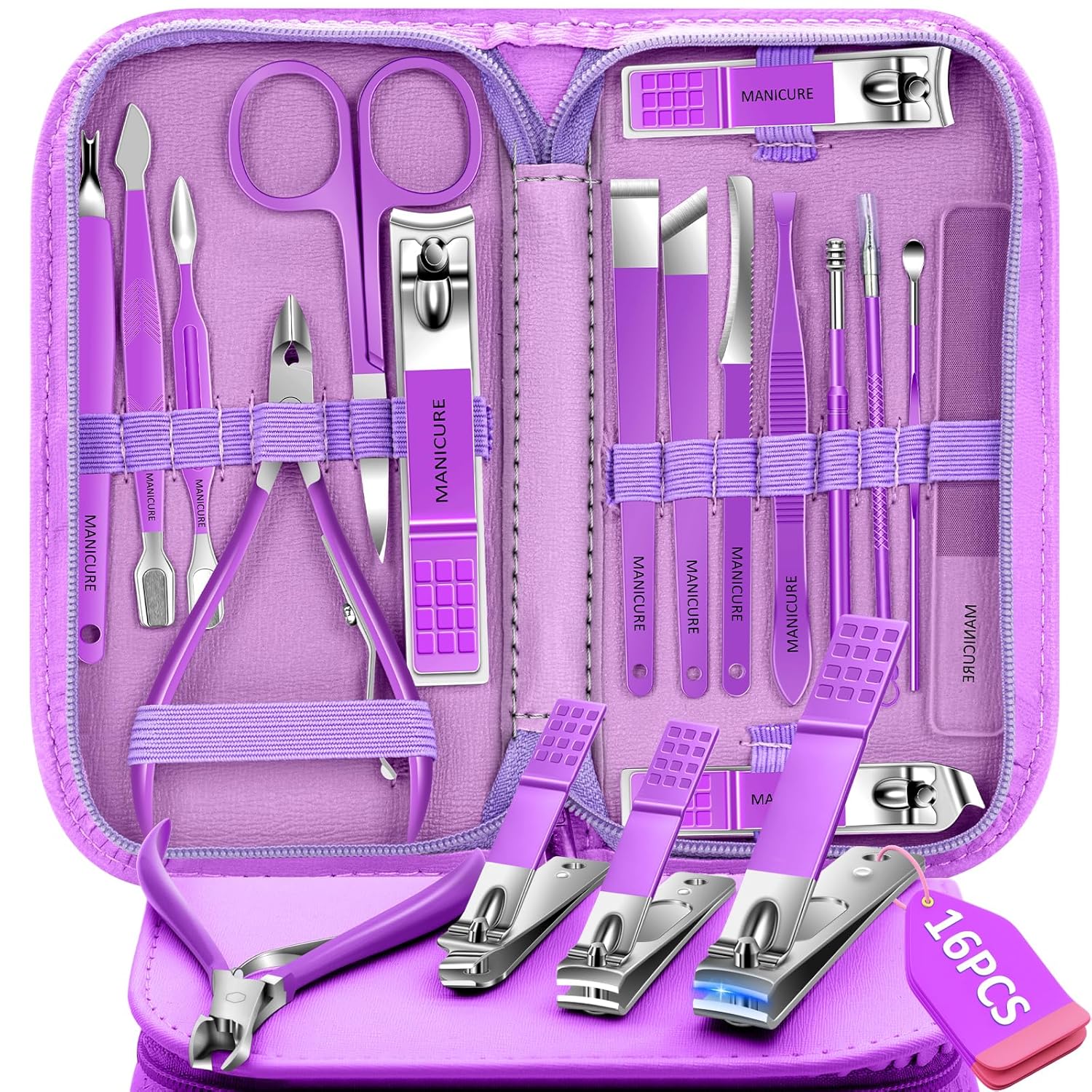 Manicure Set 16Pcs Professional Stainless Steel Pedicure Kit Mens Grooming Kit Fingernail & Toenail Clippers Set